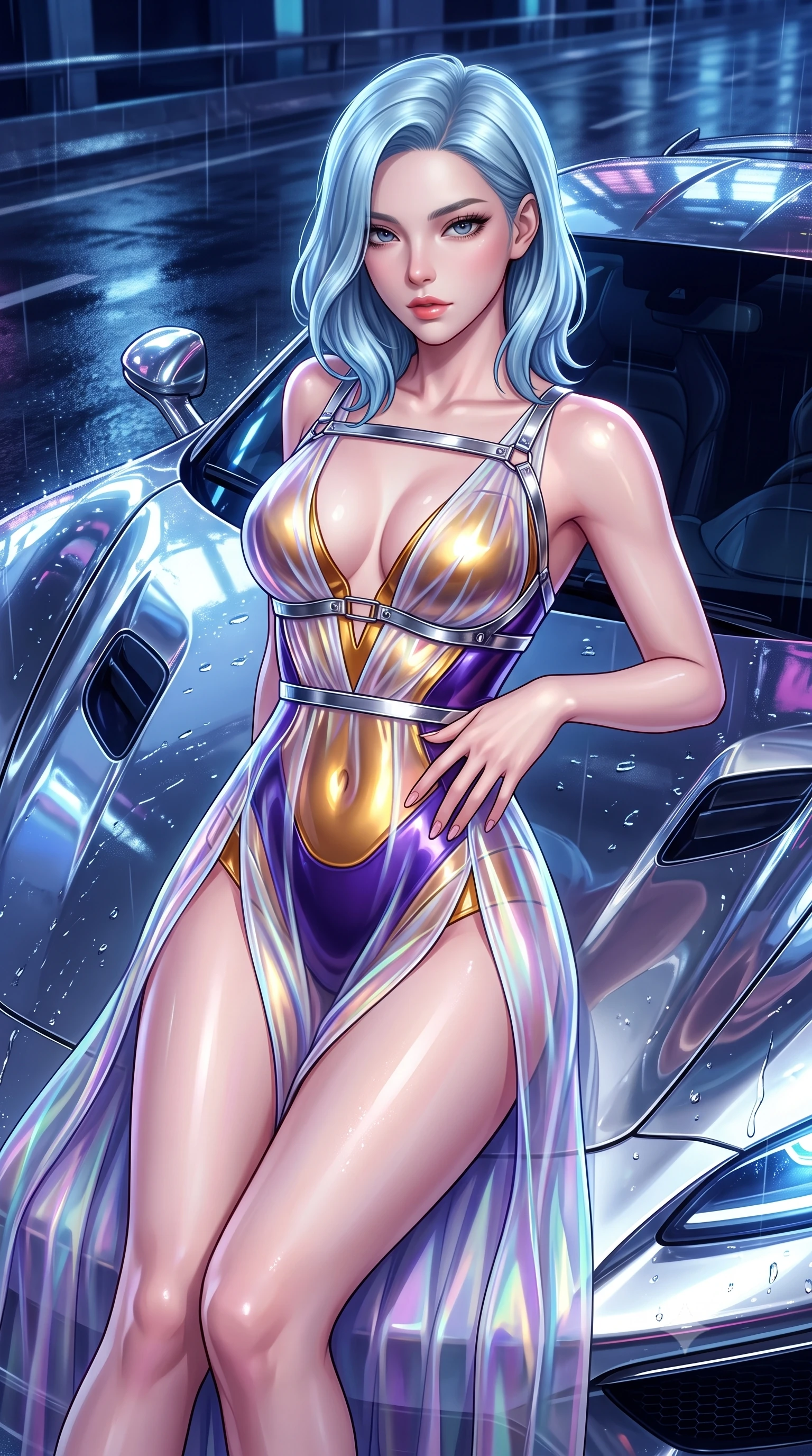 score_9, masterpiece, best quality, ultra-detailed, high-budget anime keyframe, semi-realistic 3D game render, editorial fashion photography, tasteful artistic composition, Korean woman. close-up cowboy shot from the waist and thighs up, the character dominates the composition, filling the frame with her large presence. twisting her upper body in a dynamic S-curve with an alluring smolder, one hand trailing along her slender waist while lounging seductively across the glossy hood of a futuristic chrome hyper-car on a rain-slicked highway. The surrounding environment is rendered in vivid detail and crisp panoramic clarity. high-contrast automotive reflections and sleek modern technological lines captured with environmental sharpness. She has an exceptionally elegant, slender, and willowy female figure with an ultra-slim waist, a gracefully sculpted slender torso, and a refined silhouette. sharp v-shaped jawline, high-bridge nose, intricate jewel-like eyes with depth, thick eyelashes, glossy lips with a natural sheen, flawlessly proportioned anatomical accuracy, natural body alignment, perfectly sculpted elegant limbs, clean dynamic posture without body distortion. wearing a translucent iridescent chiffon gown with a plunging neckline, high dual thigh slits, and an open back in lustrous molten gold and pure deep violet, crafted from ultra-reflective second-skin latex with a glass-like polish, reinforced by a sleek metallic chrome harness and delicate glowing micro-straps, the form-contouring second-skin material highlighting her ultra-slim waist and long lines. illuminated by glistening wet specular highlights and deep indigo urban shadows. highly saturated vibrant anime colors, detailed shading with soft gradients, rich glossy textures, high-contrast stereoscopic depth, volumetric dynamic lighting, master piece, 9:16 ratio