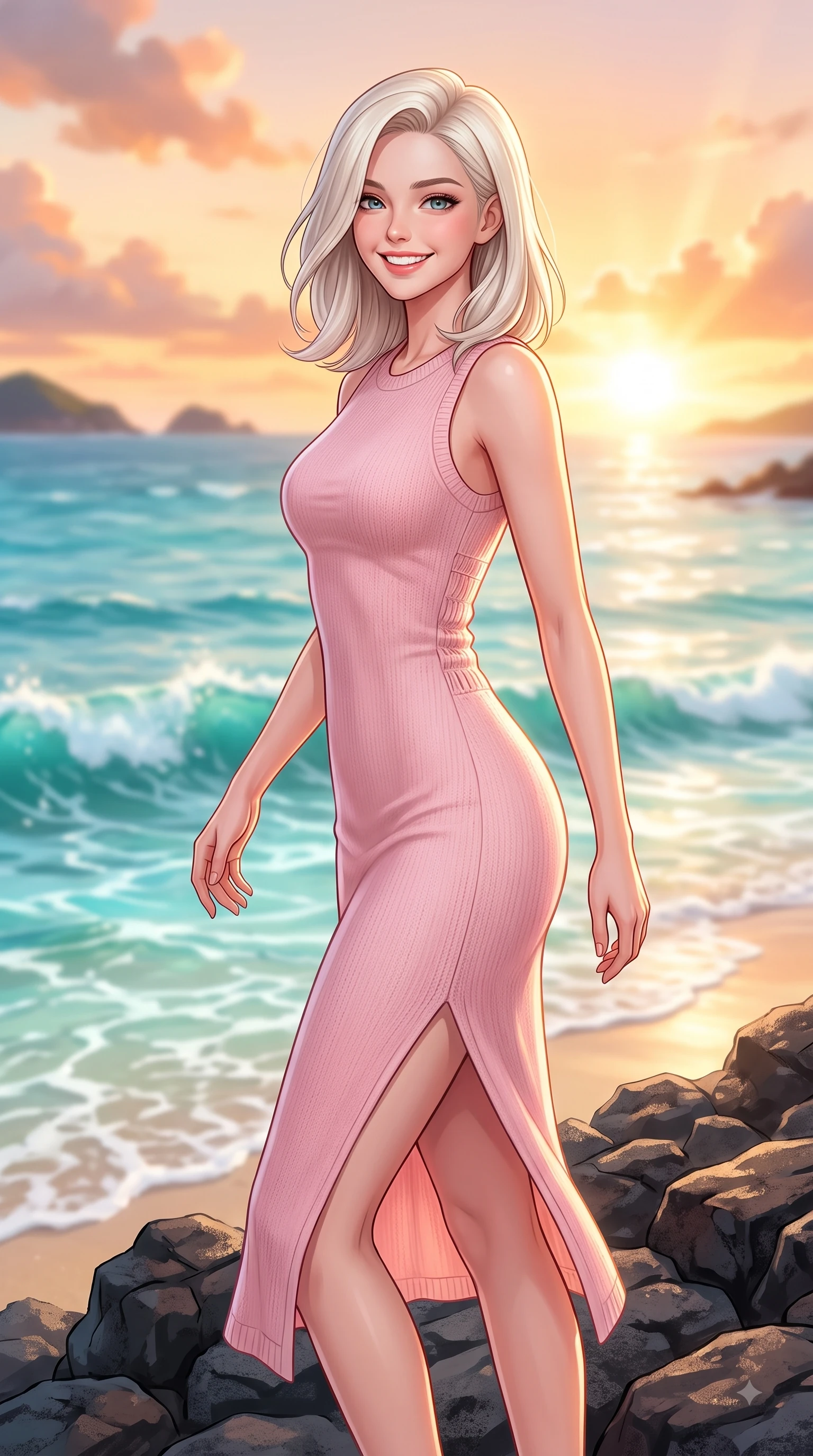 score_9, masterpiece, best quality, ultra-detailed, high-budget anime keyframe, editorial fashion photography, tasteful artistic composition, Caucasian woman. close-up cowboy shot from the waist and thighs up, the character dominates the composition, filling the frame with her large presence. Youthful bright smile exuding pure cute charm and fresh energy, her torso turning dynamically into the lens while pivoting dynamically on dark volcanic basalt rocks as clear turquoise ocean waves lap near the shoreline. The composition keeps background elements in soft focus with dreamy bokeh. sparkling turquoise sea waves and distant island horizons blurred into smooth ocean bokeh. She has an exceptionally elegant, slender, and willowy female figure with an ultra-slim waist, a gracefully sculpted slender torso, and a refined silhouette. sharp v-shaped jawline, high-bridge nose, intricate jewel-like eyes with depth, thick eyelashes, glossy lips with a natural sheen, flawlessly proportioned anatomical accuracy, natural body alignment, perfectly sculpted elegant limbs, clean dynamic posture without body distortion. wearing a form-flattering pastel pink sleeveless knit midi dress with a tasteful side slit in ocean turquoise and sea-salt white, knitted from soft cozy cashmere yarn, accented with soft smocked details and fluttery cuffs, the tailored casual silhouette highlighting her fresh and youthful presence. illuminated by a glorious golden hour sunburst painting the clouds in joyful peach and amber. highly saturated vibrant anime colors, detailed shading with soft gradients, rich glossy textures, high-contrast stereoscopic depth, volumetric dynamic lighting, master piece, 9:16 ratio
