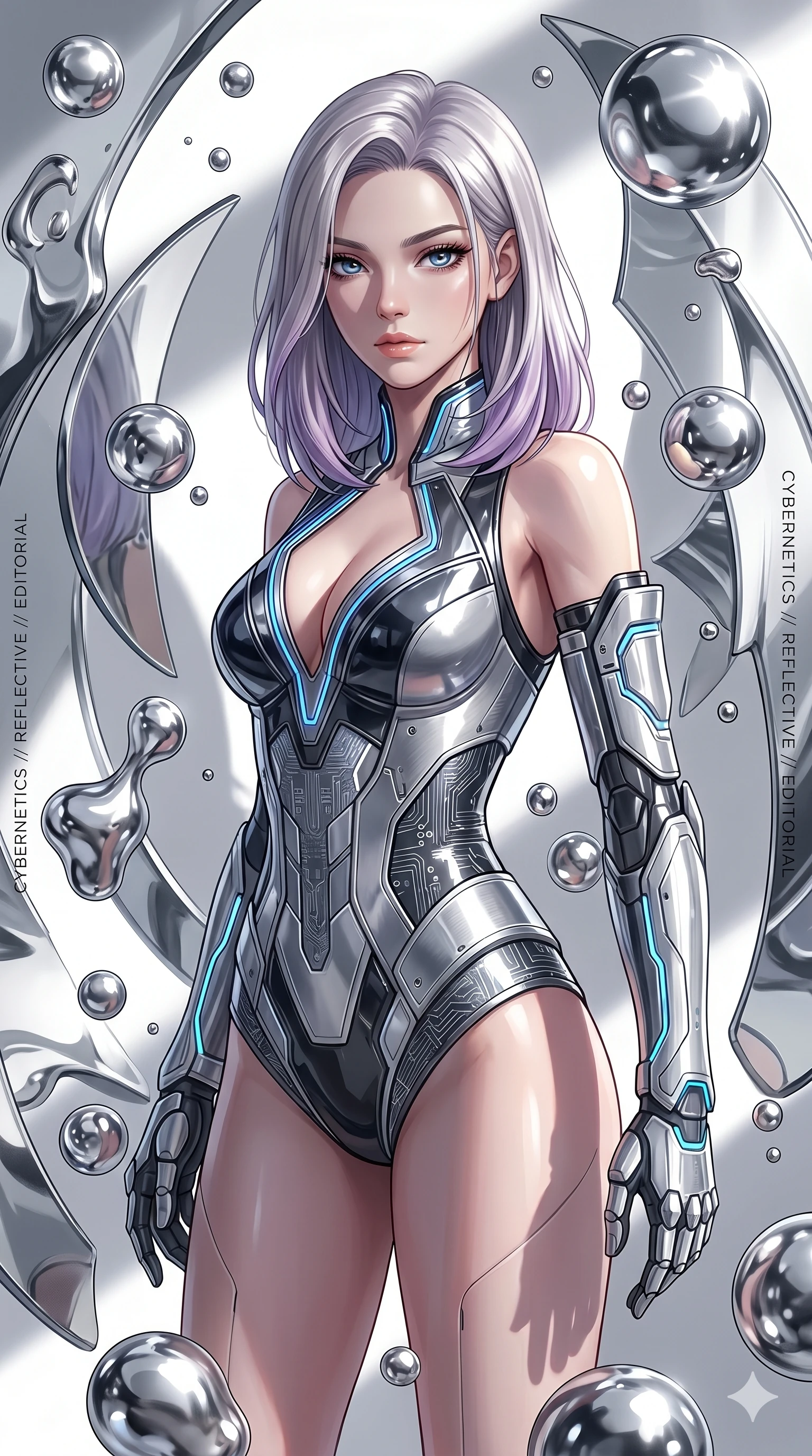 score_9, masterpiece, best quality, ultra-detailed, high-budget anime keyframe, editorial fashion photography, tasteful artistic composition, Caucasian woman, strictly human ears. Upper body close-up from the thighs up, character filling the screen for maximum presence. She is surrounded by floating mercury droplets and curved abstract mirrors that warp space. She strikes a striking fashion pose, looking over her shoulder with glossy, natural lips. She has an absolutely perfect 8-heads proportion, a tall and elegant figure with a refined silhouette and a defined waistline. V-shaped jawline, high-bridge nose, intricate jewel-like eyes with depth, thick eyelashes, glossy lips with a natural sheen. She is wearing a structured cybernetic bodice in glossy vinyl panels, paired with detached sleeves and a refined V-neckline detailed with glowing piping. The scene is bathed in highly reflective silver highlights and a stark white side studio light. 2k, ultra detail, master piece, 9:16 ratio
