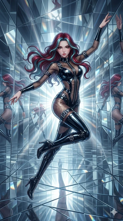 score_9, masterpiece, best quality, ultra-detailed, High-budget Anime Keyframe, East Asian woman. Dynamic full-body shot stretching the vertical silhouette to the limit. Scenario 246: Suspended by invisible silk threads in a hall of mirrors. Her pres
