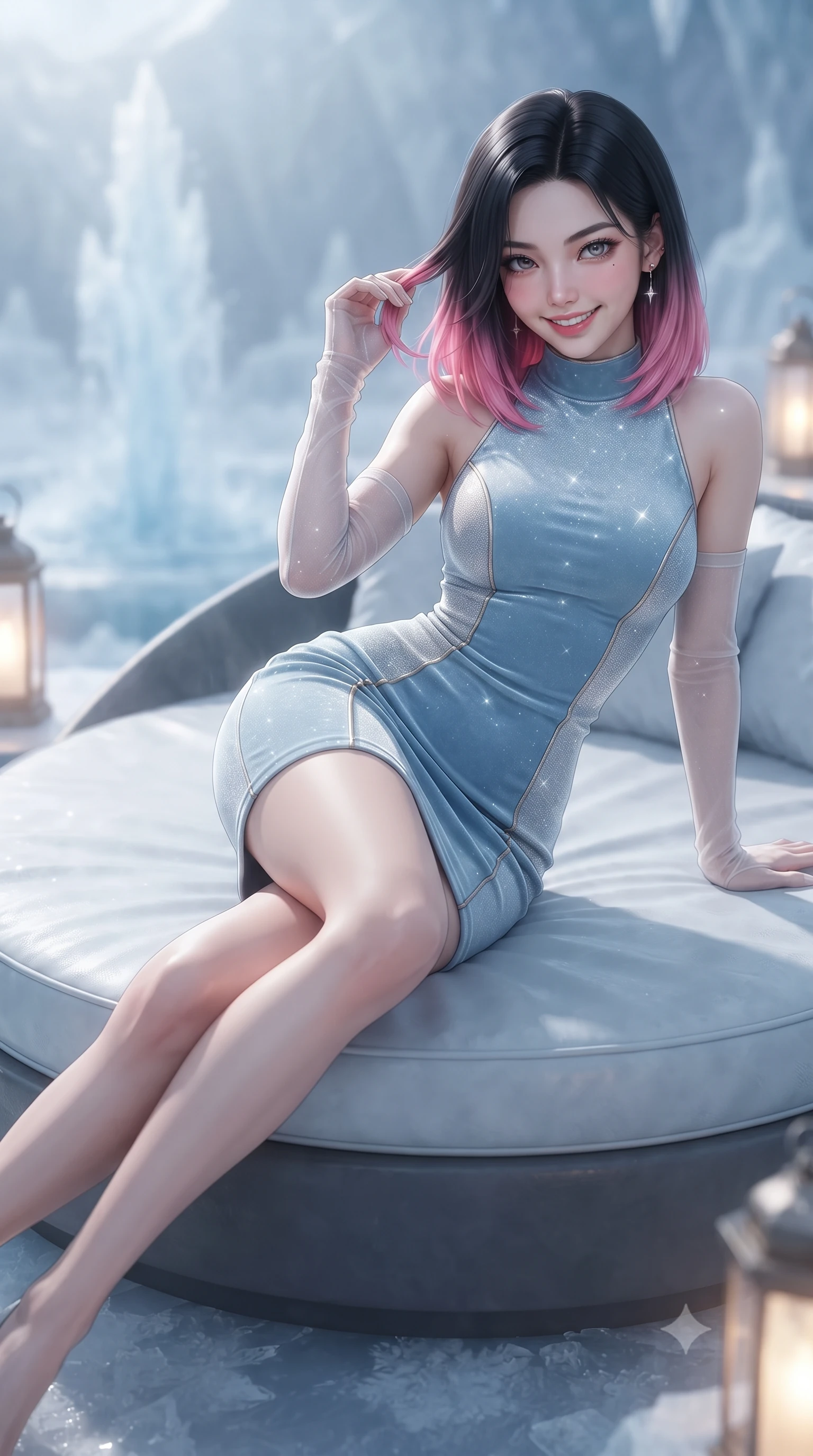 score_9, masterpiece, best quality, ultra-detailed, high-budget anime keyframe, editorial fashion photography, tasteful artistic composition, Korean woman. close-up cowboy shot from the waist and thighs up, the character dominates the composition, filling the frame with her large presence. gently brushing a lock of hair behind her ear while casting a playful, flirtatious side-gaze with long eyelashes while lounging gracefully across the circular daybed propped on one elbow with legs extended, displaying her long slender limbs and statuesque hourglass silhouette against the ice geyser. The background shows a soft-focus ice crystal mist softened in outer-moon observation sanctuary shallow focus. She has an exceptionally elegant, slender, and willowy female figure with an ultra-slim waist, flat toned midriff, narrow ribcage, and sculpted feminine hips creating an alluring, slim hourglass silhouette without bulk. sharp v-shaped jawline, high-bridge nose, intricate jewel-like sparkling eyes with depth, thick eyelashes, glossy parted lips with a natural peach sheen, bright cheerful beaming smile with an enchanting and coquettish sensual glint, exuding both youthful cute charm and seductive allure, flawlessly proportioned anatomical accuracy, strict slender model proportions, natural body alignment, perfectly sculpted long slender limbs, ultra-slim waistline, clean dynamic posture without body distortion. wearing a tailored liquid velvet combat sheath dress with subtle metallic piping following her feminine curves without bulk in arctic cryo-glacier ice blue and platinum white, woven from stretch metallic lurex jersey casting radiant starlight glints across her curves, complemented by sheer opera-length evening gloves tracing her slender arms, the second-skin tailored fabric adhering flawlessly to her sculpted flat midriff and slender torso, emphasizing her long leg lines and perfectly proportioned willowy build. bathed in crisp diamond sunlight reflecting off millions of frozen water-ice crystals combined with warm 2600K deck lanterns. ultra-reflective glossy finish, specular highlights, rich textural contrasts, high-contrast stereoscopic depth, volumetric dynamic lighting, 2k, ultra detail, master piece, 9:16 ratio