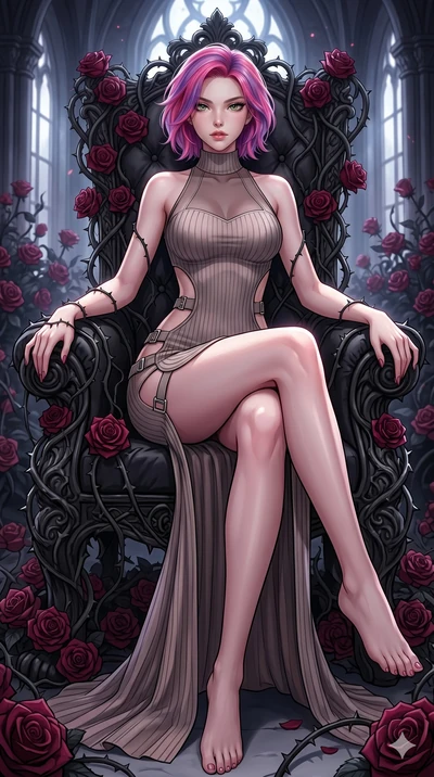 score_9, masterpiece, best quality, ultra-detailed, High-budget Anime Keyframe, East Asian woman. Dynamic full-body shot stretching the vertical silhouette to the limit. Scenario 50: Resting on a throne of black roses, thorns grazing her skin. Her pr