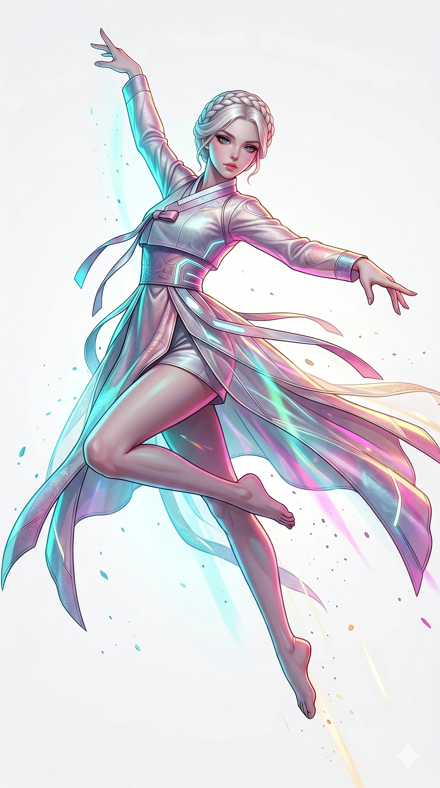 score_9, masterpiece, best quality, ultra-detailed, high-budget anime movie keyframe, cinematic anime lighting, intricate line art, Caucasian (strictly human ears) woman. Mid-air action shot capturing a graceful twist and vertical silhouette. performing a contemporary dance in a minimalist white void. She has an absolutely perfect 8-heads proportion, an exceptionally tall and slender female figure with graceful and slender proportions. strictly human anatomy, two legs only, no extra limbs, clearly defined legs and arms, perfect anatomy, perfect hands and fingers. sharp v-shaped jawline, high-bridge nose, intricate jewel-like eyes, thick eyelashes, glossy lips. Wearing Modern Traditional: Shortened cyber-hanbok with fusion silk robes and transparent panels. The scene is illuminated by dramatic atmospheric lighting and vibrant color palettes. , 2k, ultra detail, master piece, 9:16 ratio