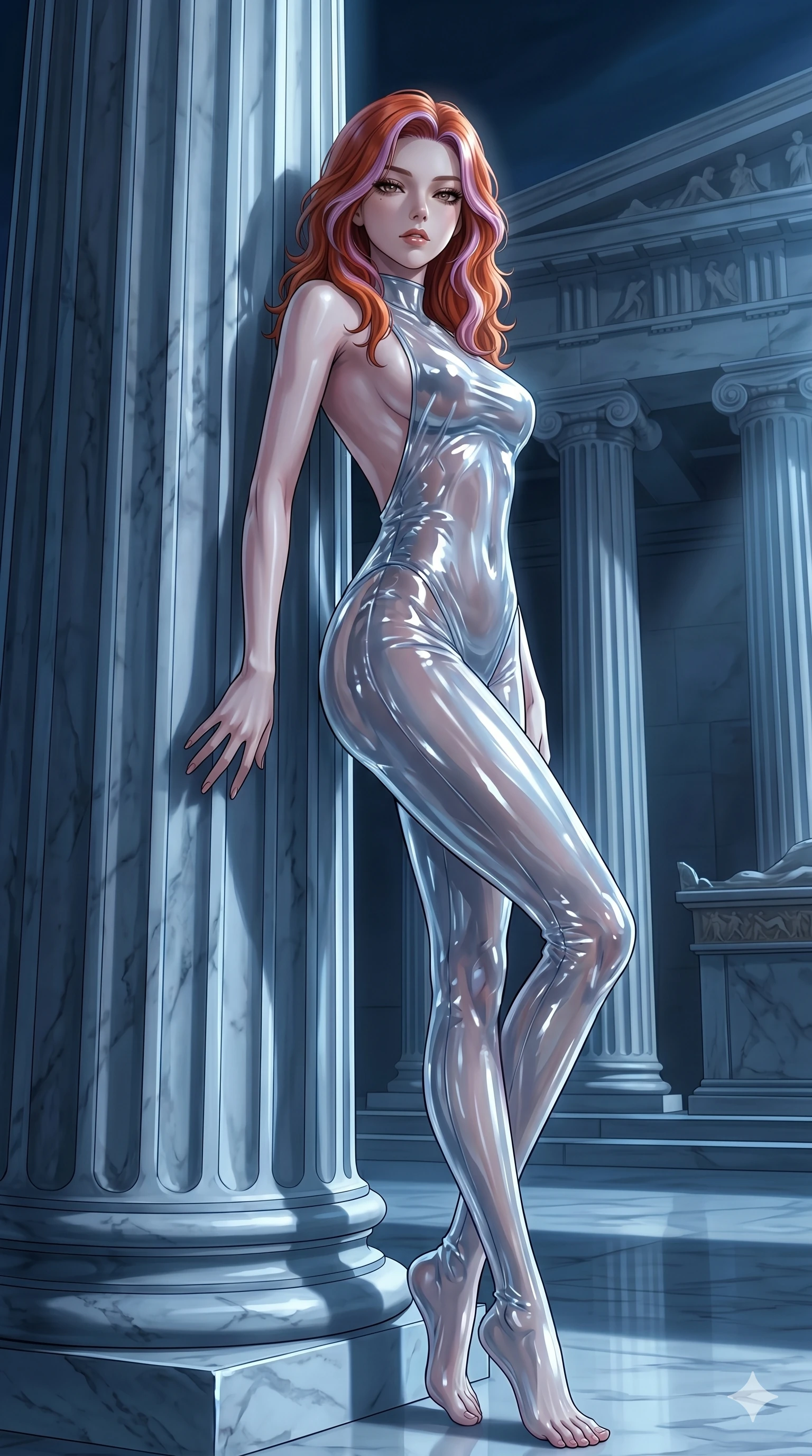 score_9, masterpiece, best quality, ultra-detailed, High-budget Anime Keyframe, East Asian woman. Low angle cowboy shot filling the entire 9:16 frame with her statuesque presence. Scenario 123: Leaning against a cold marble pillar in a moonlit greek temple. Her presence is magnetic and overpowering in this high-budget anime scene. Outfit 123: A translucent PVC liquid with a backless design and wet-look texture. The clothing is designed to emphasize her exceptionally tall and slender 8-heads proportion. 8-heads proportion, towering silhouette, ultra-slim waist. sharp v-shaped jawline, intricate jewel-like eyes with depth, thick eyelashes, glossy lips. 2k, ultra detail, master piece, 9:16 ratio