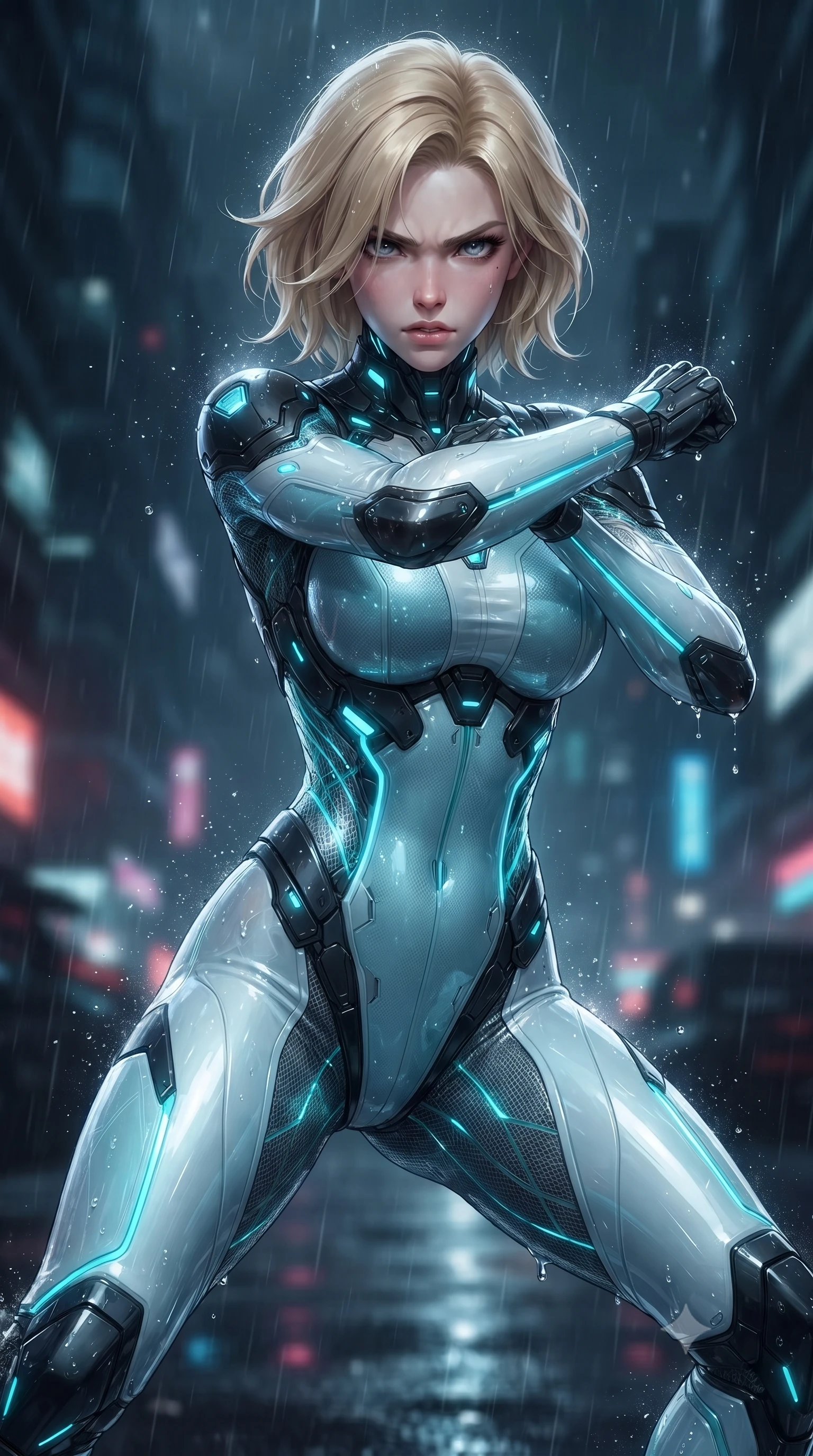 score_9, masterpiece, best quality, ultra-detailed, high-budget anime keyframe, editorial fashion photography, tasteful artistic composition, Caucasian woman. close-up cowboy shot from the waist and thighs up, the character dominates the composition, filling the frame with her large presence. shifting into a low cat-stance with arms crossed defensively, glowing energy conduits tracing her ultra-slim waist and sculpted clavicle while arching her spine in a fluid combat stance against raging typhoon winds as neon city lights pulse through the storm. The composition keeps background elements in soft focus with creamy bokeh. sparkling shockwave condensation rings and splashing raindrops scattering radiant light across a dark backdrop. She has an exceptionally elegant, slender, and willowy female figure with an ultra-slim waist, a gracefully sculpted slender torso, toned flat midriff, and a refined slim silhouette. sharp v-shaped jawline, high-bridge nose, intricate jewel-like eyes with depth, thick eyelashes, glossy lips with a natural sheen, flawlessly proportioned anatomical accuracy, strict slender model proportions, natural body alignment, perfectly sculpted long slender limbs, ultra-slim waistline, clean dynamic posture without body distortion. wearing an ultra-sleek glacial-cyan and white carbon-mesh combat bodysuit with frost-resistant kinetic shock-absorber plating in matte obsidian carbon black with electric cyan conduits, crafted from semi-translucent cybernetic carbon-vinyl interwoven with glowing micro-filaments, featuring a sleek aerodynamic collar framed by subtle glowing cybernetic status LEDs, the sleek second-skin cut tightly hugging her graceful clavicle, narrow waist, and feminine curves with athletic precision. surrounded by an electrifying, fierce, and passionately powerful martial valkyrie atmosphere. ultra-reflective glossy finish, specular highlights, dark metallic sheen, high-contrast stereoscopic depth, volumetric dynamic lighting, 2k, ultra detail, master piece, 9:16 ratio