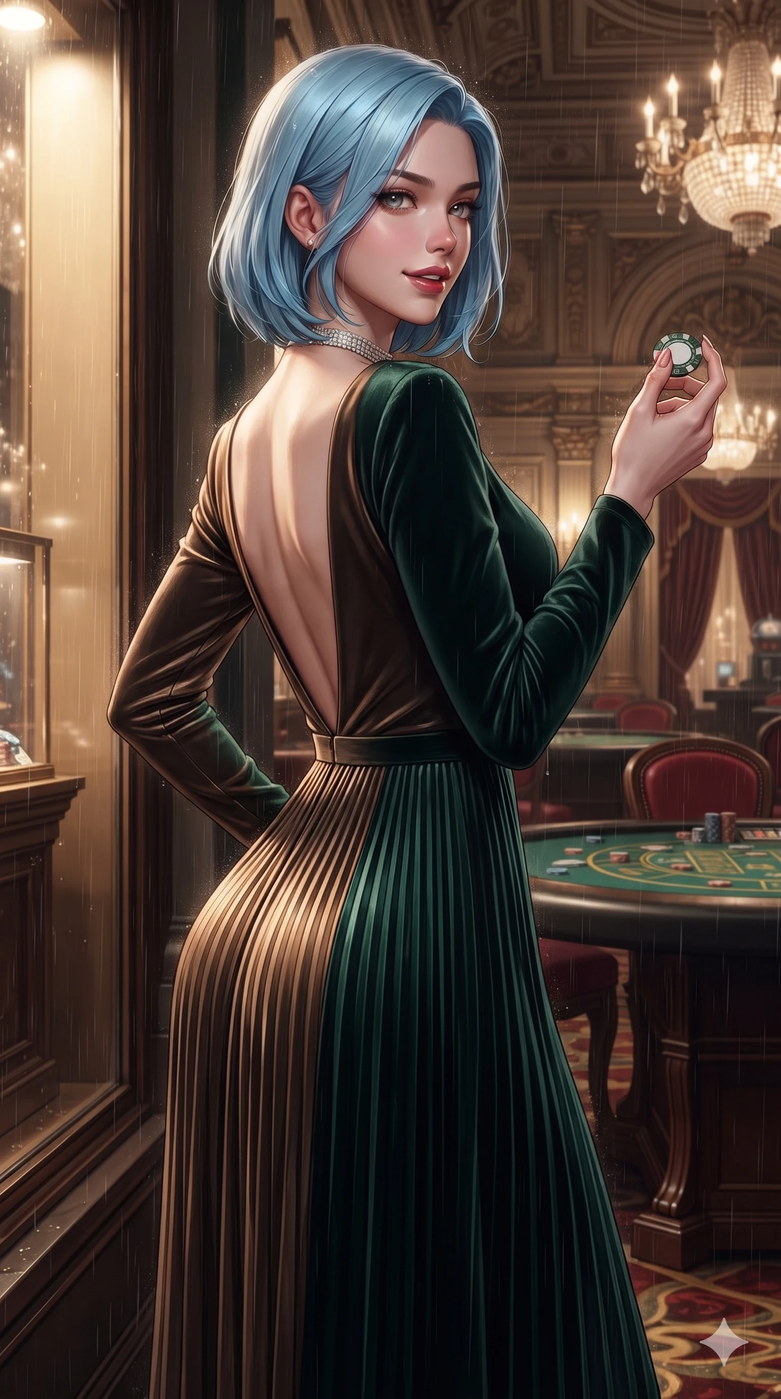 score_9, masterpiece, best quality, ultra-detailed, high-budget anime keyframe, editorial fashion photography, tasteful artistic composition, Korean woman. close-up cowboy shot from the waist and thighs up, the character dominates the composition, filling the frame with her large presence. pausing beside an illuminated luxury boutique window with hips cocked back, glancing back with an enchanting, dangerous smile through falling rain while glancing over a bare shoulder with parted glossy lips as she toys with a high-denomination casino chip with long manicured fingers. The surrounding environment is rendered in vivid detail and crisp panoramic clarity: detailed backless velvet halter gown drape, deep plunging neckline, and classical European casino architecture in razor-sharp precision. She has an exceptionally elegant, slender, and willowy female figure with an ultra-slim waist, flat toned midriff, narrow ribcage, and sculpted feminine hips creating an alluring, slim hourglass silhouette without bulk. sharp v-shaped jawline, high-bridge nose, intricate jewel-like dark sparkling eyes with dangerous depth, thick curled eyelashes, glossy parted lips with a rich wine sheen, smoldering seductive half-smile with bedroom-eyes, exuding effortless superiority and intoxicating dark allure, flawlessly proportioned anatomical accuracy, strict slender model proportions, natural body alignment, perfectly sculpted long slender limbs, ultra-slim waistline, clean dynamic posture without body distortion. wearing a refined long-sleeve velvet evening gown with high neckline and fluid pleated column skirt in dark emerald green and brushed antique bronze, tailored from crushed dark velvet with deep light-absorbing plush texture, finished with a delicate diamond choker catching the chandelier light, the bespoke structured tailoring following the natural line of her 8.5-heads silhouette with refined elegance. illuminated by polished mahogany table bounce and sharp champagne-gold rim lights sculpting her razor-sharp jawline, narrow waist, and curvy hips. ultra-reflective glossy finish, specular highlights, rich textural contrasts, high-contrast stereoscopic depth, volumetric dynamic lighting, 2k, ultra detail, master piece, 9:16 ratio