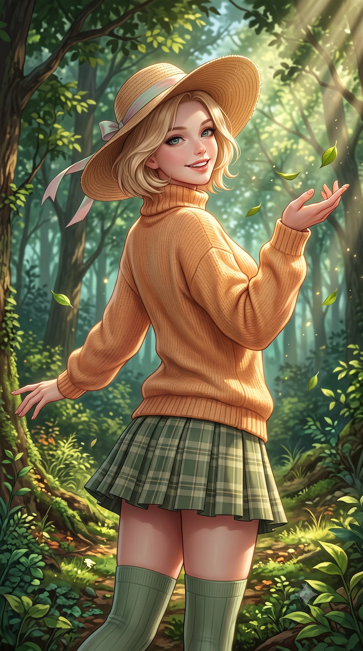 score_9, masterpiece, best quality, ultra-detailed, high-budget anime keyframe, semi-realistic 3D game render, editorial fashion photography, tasteful artistic composition, Caucasian woman. close-up cowboy shot from the waist and thighs up, the character dominates the composition, filling the frame with her large presence. extending one arm gracefully toward the scenery while turning back with an infectious, heartwarming smile while catching dancing sunbeams and falling green leaves with cupped hands in a joyful, dynamic pose. The surrounding environment is rendered in vivid detail and crisp panoramic clarity. intricate woodland chiaroscuro and pristine natural forest ecosystems captured with precision. She has an exceptionally elegant, slender, and willowy female figure with an ultra-slim waist, a gracefully sculpted slender torso, toned flat midriff, and a refined slim silhouette. sharp v-shaped jawline, high-bridge nose, intricate jewel-like eyes with depth, thick eyelashes, glossy lips with a natural sheen, pure and lovely fresh girlhood expression, flawlessly proportioned anatomical accuracy, strict slender model proportions, natural body alignment, perfectly sculpted long slender limbs, ultra-slim waistline, clean dynamic posture without body distortion. wearing a cozy oversized turtleneck knit jumper paired with a pleated plaid wool skirt and knee-high socks in warm apricot and sage green, tailored from soft pastel lightweight wool blend with subtle texture, paired with a wide-brim woven straw hat tied with a pastel ribbon, the chic real-way fashion cut emphasizing her effortless charm, flat midriff, and slender model proportions. surrounded by a pure, healing, and magically enchanting forest fairy maiden aura. highly saturated vibrant anime colors, detailed shading with soft gradients, rich glossy textures, high-contrast stereoscopic depth, volumetric dynamic lighting, master piece, 9:16 ratio