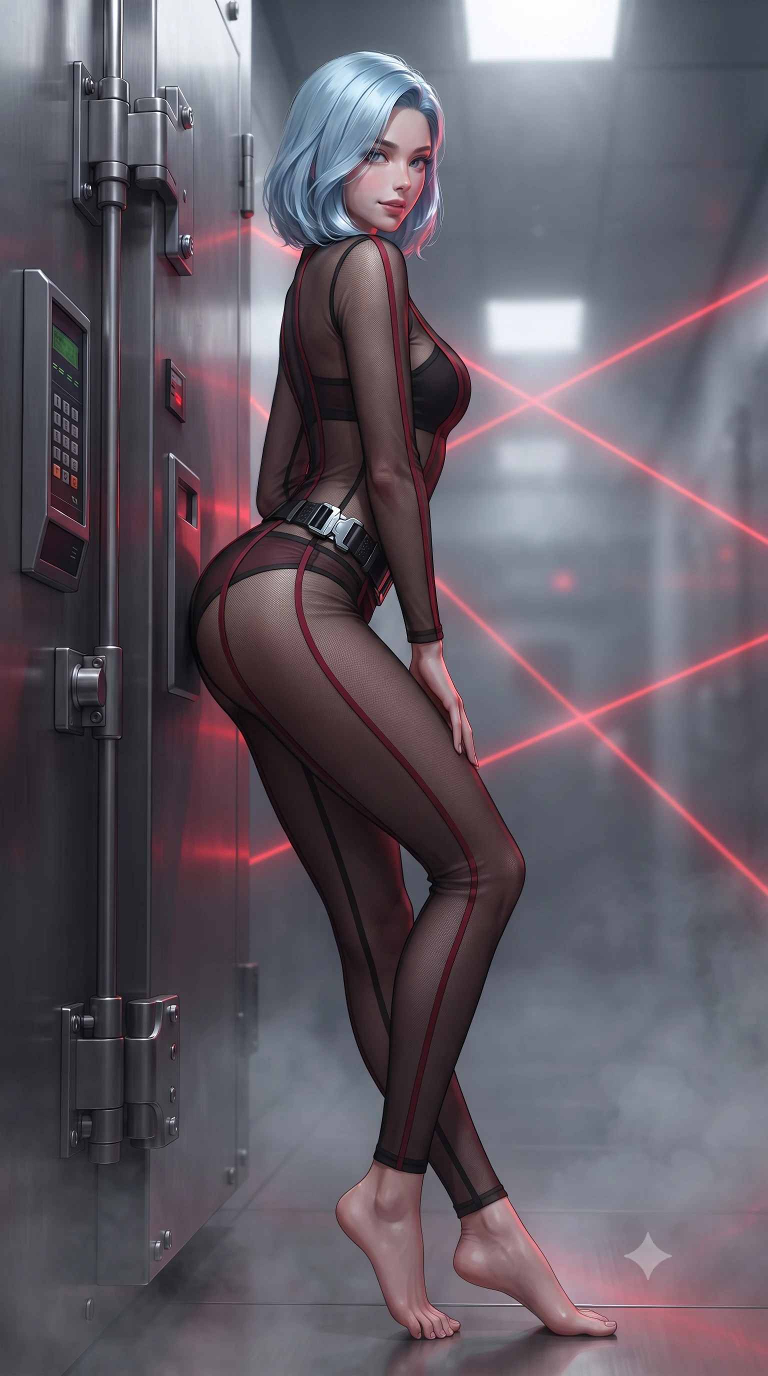 score_9, masterpiece, best quality, ultra-detailed, high-budget anime keyframe, editorial fashion photography, tasteful artistic composition, Korean woman. low angle full-body shot from head to toe showing her feet, filling the entire 9:16 vertical frame with her statuesque presence, stretching her vertical silhouette. leaning deep against the balcony balustrade with hips cocked back in an unapologetically alluring high-fashion stance, casting an intoxicating glance while leaning against the stainless-steel vault door with hips cocked back, looking over a bare shoulder with a dangerous smoldering half-smile. The background shows a soft-focus criss-crossing red laser beams, heavy vault hinges, and high-tech keypad consoles blurred into ruby, charcoal, and platinum bokeh. She has an absolutely perfect, statuesque 8.5-heads proportion, an exceptionally tall and slender model-like female figure with impossibly long slender legs, an ultra-slim waist, a flat toned midriff, narrow delicate ribcage, and beautifully sculpted feminine hips creating a graceful, slim hourglass silhouette without any bulky heaviness. sharp v-shaped jawline, high-bridge nose, sparkling eyes with hypnotic seductive depth, thick curled eyelashes, glossy parted lips with a natural dewy peach sheen, alluring bedroom-eyes with an enchanting coquettish smile, exuding magnetic siren charisma and sophisticated glamour, flawlessly proportioned anatomical accuracy, strict slender model proportions, natural body alignment, perfectly sculpted long slender limbs, ultra-slim waistline, clean dynamic posture without body distortion. wearing a provocative sheer illusion mesh tactical catsuit with reinforced seam tapes over matching satin briefs in matte obsidian black and tactical crimson red with gunmetal hardware, made of sheer gossamer chiffon that drapes softly against skin with airy translucence, accented with a quick-release tactical chrome buckle harness resting snugly across her hips, the second-skin tailored fabric adhering flawlessly to her sculpted flat midriff and slender torso, emphasizing her long leg lines and perfectly proportioned willowy build. bathed in intense crimson laser beam illumination cutting through misty dark corridor shadows. ultra-reflective glossy finish, specular highlights, rich textural contrasts, high-contrast stereoscopic depth, volumetric dynamic lighting, 2k, ultra detail, master piece, 9:16 ratio