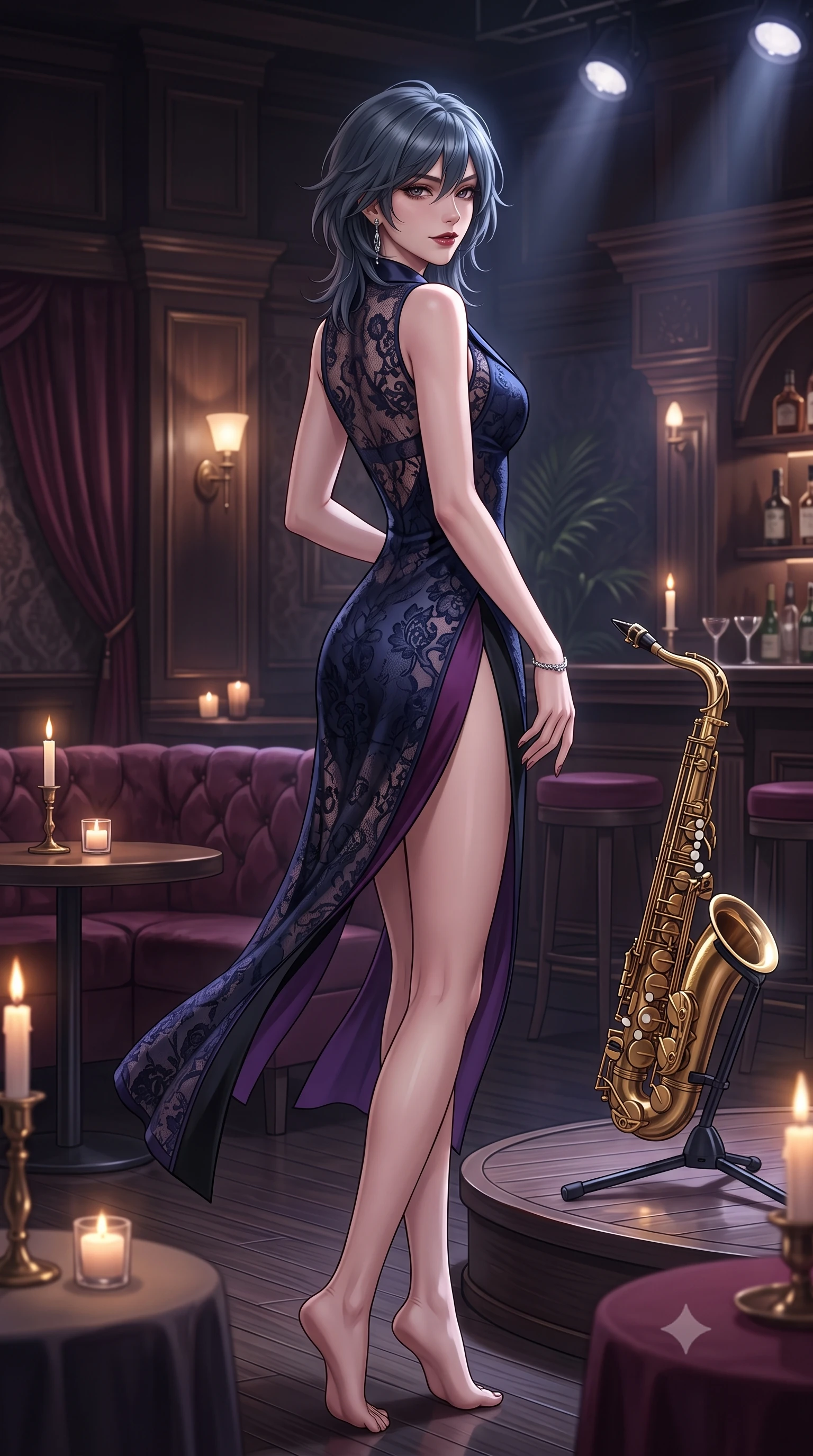 score_9, masterpiece, best quality, ultra-detailed, high-budget anime keyframe, semi-realistic 3D game render, editorial fashion photography, tasteful artistic composition, Caucasian woman. low angle full-body shot from head to toe showing her feet, filling the entire 9:16 vertical frame with her statuesque presence, stretching her vertical silhouette. executing a slow, elegant turn as her liquid gown flutters around her slender legs, glancing over her shoulder with an intoxicating, seductive bedroom-gaze while twisting her slender torso in an alluring contrapposto stance near the brass saxophone stage, her dark glamorous outfit clinging to her curvy hips and flat midriff. The surrounding environment is rendered in vivid detail and crisp panoramic clarity. detailed velvet plush texture, delicate jewelry shimmer, and speakeasy bar woodwork clarity in high resolution. She has an exceptionally tall and slender model-like 8.5-heads proportion, an ultra-slim waist, a flat toned midriff, narrow delicate ribcage, and beautifully sculpted feminine hips creating a graceful, slim hourglass silhouette without any bulky heaviness, with impossibly long slender legs. sharp v-shaped jawline, high-bridge nose, intricate jewel-like dark sparkling eyes with dangerous depth, thick curled eyelashes, glossy parted lips with a rich wine sheen, smoldering seductive half-smile with bedroom-eyes, exuding effortless superiority and intoxicating dark allure, flawlessly proportioned anatomical accuracy, strict slender model proportions, natural body alignment, perfectly sculpted long slender limbs, ultra-slim waistline, clean dynamic posture without body distortion. wearing a modern tailored cheongsam mini dress in midnight navy jacquard silk with dramatic side hip slits in rich plum violet and deep onyx black, crafted from sheer delicate Chantilly lace with intricate gothic floral motifs, finished with sharp tailored peak lapels and subtle horn button accents, the liquid-tight tailored fabric clinging flawlessly to her narrow waist and rounded feminine hips, emphasizing every millimeter of her sculpted slim hourglass curves without any bulky heaviness. bathed in soft flickering candlelight and moody theatrical stage downlights. highly saturated vibrant anime colors, detailed shading with soft gradients, rich glossy textures, high-contrast stereoscopic depth, volumetric dynamic lighting, master piece, 9:16 ratio