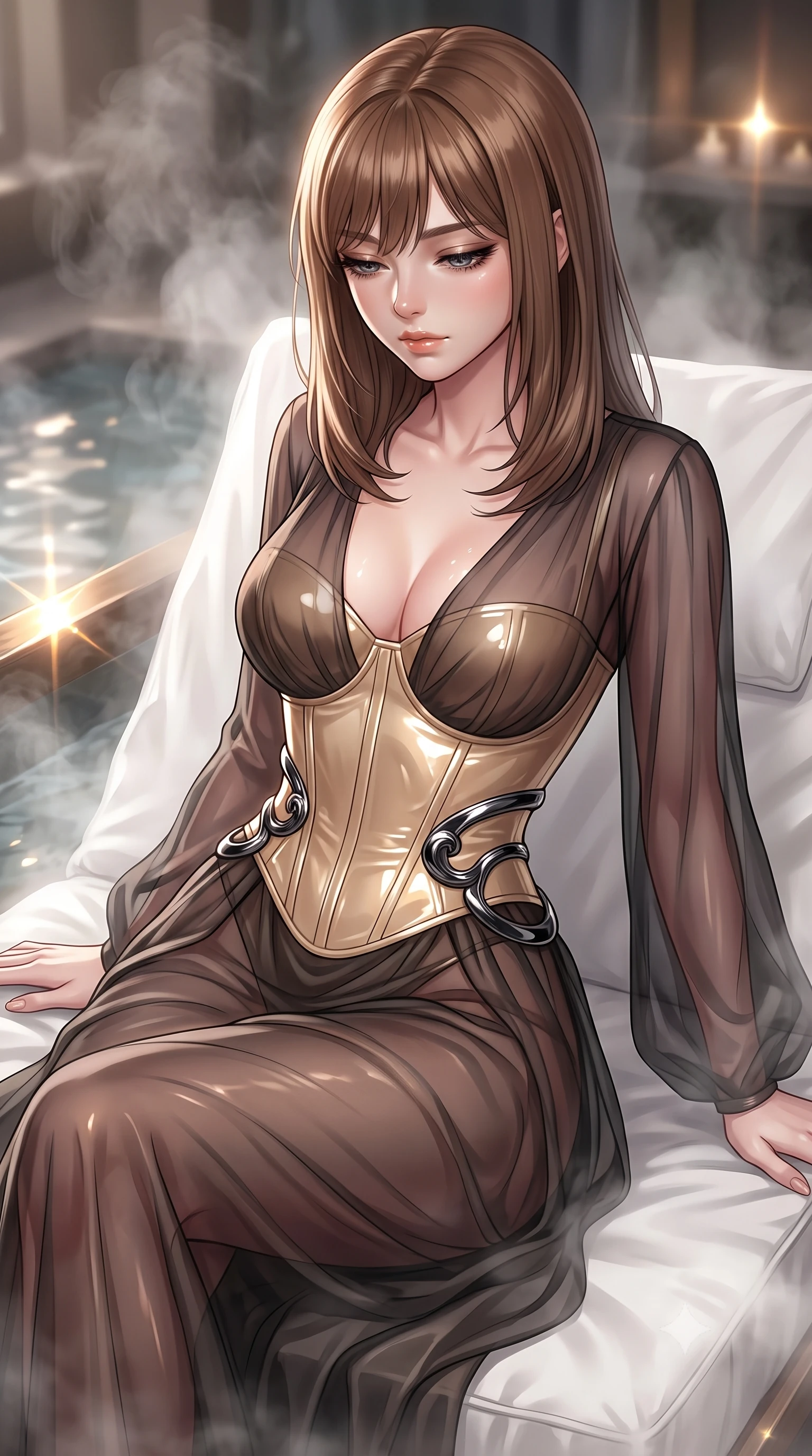 score_9, masterpiece, best quality, ultra-detailed, high-budget anime keyframe, editorial fashion photography, tasteful artistic composition, Korean woman. close-up cowboy shot from the waist and thighs up, the character dominates the composition, filling the frame with her large presence, background elements kept in soft focus. Looking down with lowered lashes and a composed, powerful dark aura, lounging on a white linen daybed surrounded by floating aromatic steam, fluid movement of her body contoured by a form-fitting liquid silk gown. She has an exceptionally elegant, slender, and willowy female figure with an ultra-slim waist, a gracefully sculpted slender torso, and a refined silhouette. sharp v-shaped jawline, high-bridge nose, intricate jewel-like eyes with depth, thick eyelashes, glossy lips with a natural sheen. wearing semi-opaque sheer dark chiffon gown revealing structured corset silhouette in champagne gold, made of high-gloss liquid vinyl, accented with sculpted obsidian chrome rings at the waist, contouring every curve with an exceptionally elegant silhouette. surrounded by a glowing luxury spa aura with sharp specular glints. highly saturated vibrant anime colors, detailed shading with soft gradients, rich glossy textures, high-contrast stereoscopic depth, volumetric dynamic lighting, master piece, 9:16 ratio