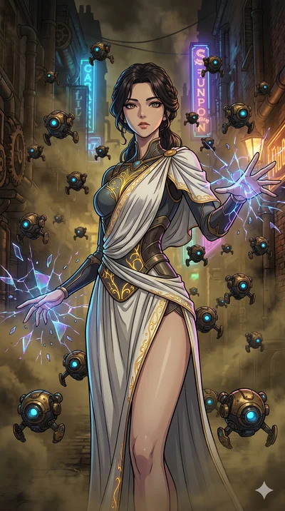 score_9, masterpiece, best quality, ultra-detailed, Set A: High-budget Anime Keyframe, Korean woman. Upper body close-up from the thighs up, character filling the screen for maximum presence. Theme: Urban Decay. shattering the fabric of reality in a 