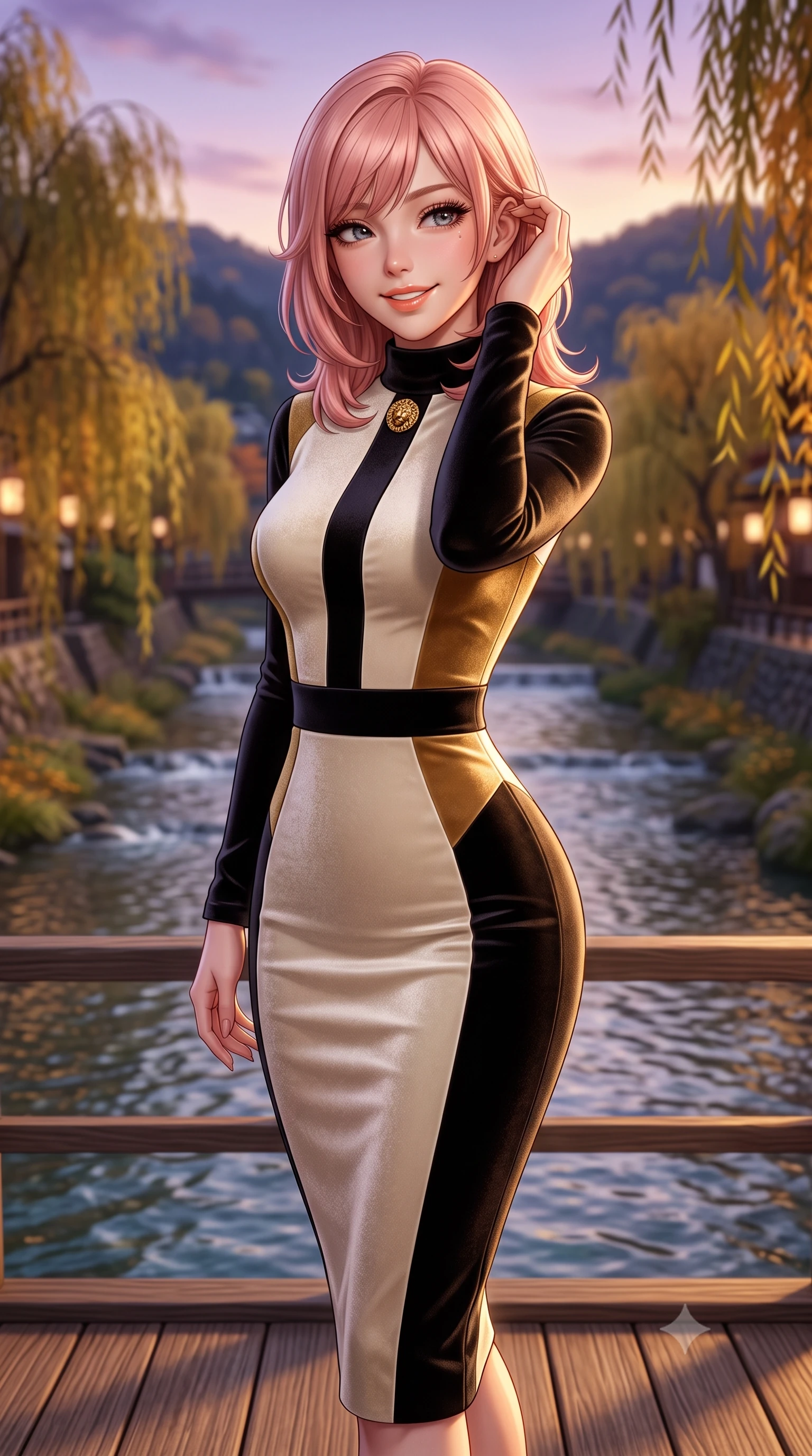 score_9, masterpiece, best quality, ultra-detailed, high-budget anime keyframe, semi-realistic 3D game render, editorial fashion photography, tasteful artistic composition, Japanese woman. close-up cowboy shot from the waist and thighs up, the character dominates the composition, filling the frame with her large presence. gently brushing a lock of hair behind her ear while casting a playful, flirtatious side-gaze with long eyelashes while standing poised on the wooden kawayuka deck suspended over the clear riverbank, looking out at autumn willows with a bright, beaming smile. The background shows a soft-focus clear flowing Kamogawa river waters, weeping willow trees turning gold along riverbanks, and distant Higashiyama hills blurred into indigo, golden olive, and slate bokeh. She has an exceptionally elegant, slender, and willowy female figure with an ultra-slim waist, flat toned midriff, narrow ribcage, and sculpted feminine hips creating an alluring, slim hourglass silhouette without bulk. sharp v-shaped jawline, high-bridge nose, intricate jewel-like sparkling eyes with depth, thick eyelashes, glossy parted lips with a natural peach sheen, bright cheerful beaming smile with an enchanting and coquettish sensual glint, exuding both youthful cute charm and seductive allure, flawlessly proportioned anatomical accuracy, strict slender model proportions, natural body alignment, perfectly sculpted long slender limbs, ultra-slim waistline, clean dynamic posture without body distortion. wearing a sleek stretch velvet mock-neck bodycon midi dress with long sleeves contouring her willowy torso and hips in gilded ivory pearl and rich obsidian, tailored from premium double-knit ponte with sleek sculpting hold and smooth contours, accented with an ornate 24k gold lion-embossed crest button along the snug front closure, the glove-like clinging cut tightly following the natural contour of her hips and long slender legs with youthful 8.5-heads elegance. bathed in the soft purple-gold twilight glow of autumn sunset over the Higashiyama mountains mixed with warm paper lantern lights. highly saturated vibrant anime colors, detailed shading with soft gradients, rich glossy textures, high-contrast stereoscopic depth, volumetric dynamic lighting, master piece, 9:16 ratio