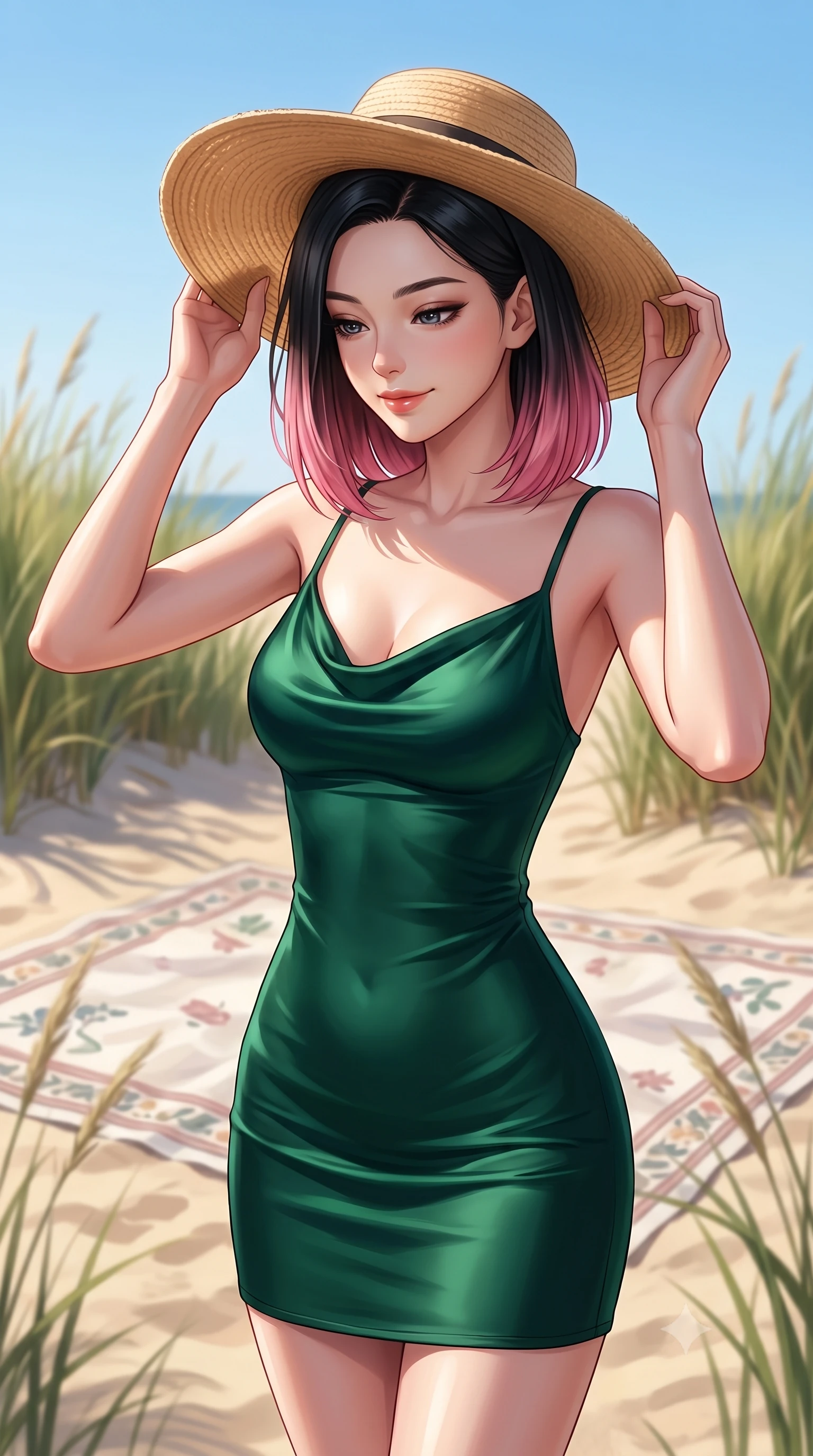 score_9, masterpiece, best quality, ultra-detailed, high-budget anime keyframe, editorial fashion photography, tasteful artistic composition, Korean woman woman. close-up cowboy shot from the waist and thighs up, the character dominates the composition, filling the frame with her large presence, background elements kept in soft focus. holding a wide-brimmed straw hat with both hands against the breeze, looking down with a soft smile the background shows a soft-focus a woven picnic blanket set on the sand, surrounded by tall beachgrass under a clear sky. She has an exceptionally elegant, slender, and willowy female figure with an ultra-slim waist, a gracefully sculpted slender torso, and a refined silhouette. sharp v-shaped jawline, high-bridge nose, intricate jewel-like eyes with depth, thick eyelashes, glossy lips with a natural sheen. wearing a body-hugging form-fitting liquid silk cowl-neck slip dress in deep emerald, tracing her slender silhouette. bright and cheerful afternoon sun rays painting the landscape. 2k, ultra detail, master piece, 9:16 ratio