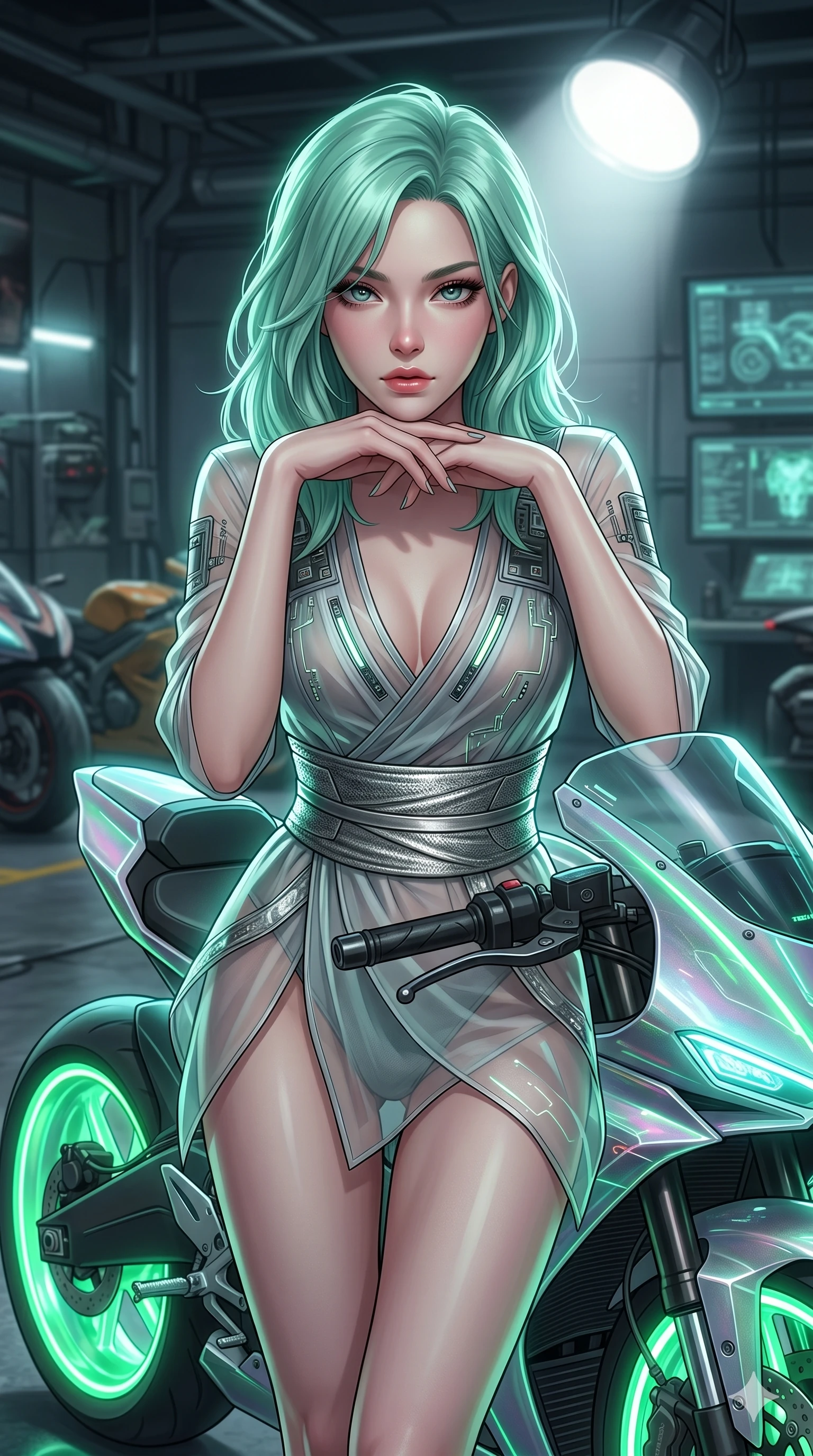 score_9, masterpiece, best quality, ultra-detailed, high-budget anime keyframe, editorial fashion photography, tasteful artistic composition, Japanese woman. Upper body close-up from the thighs up, character filling the screen for maximum presence. She is leaning over a sleek, glowing holographic cyberpunk motorcycle. She rests her chin on the handlebars, looking directly at the camera with an intense, sultry gaze. She has an absolutely perfect 8-heads proportion, an exceptionally tall and slender female figure with impossibly long slender legs and an ultra-slim waist. V-shaped jawline, high-bridge nose, intricate jewel-like eyes with depth, thick eyelashes, glossy lips with a natural sheen. She is wearing a shortened cyber-fusion wrap top with transparent chiffon panels, a deep crossover neckline, and a high-waisted metallic sash that accentuates her ultra-slim waist. The scene is lit by the neon green wheels of the bike and a bright overhead studio spotlight. 2k, ultra detail, master piece, 9:16 ratio