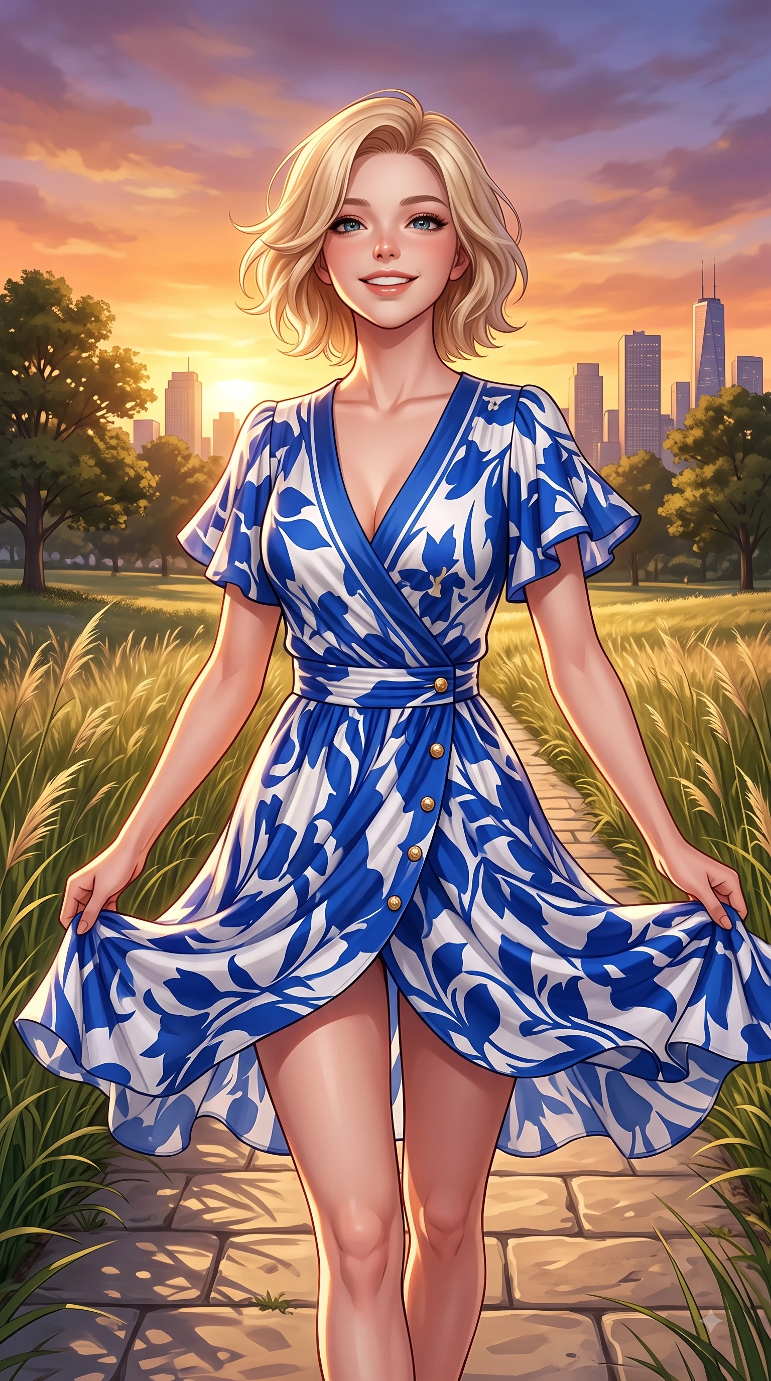 score_9, masterpiece, best quality, ultra-detailed, high-budget anime keyframe, editorial fashion photography, tasteful artistic composition, Caucasian woman. close-up cowboy shot from the waist and thighs up, the character dominates the composition, filling the frame with her large presence. Tilting her chin up with a sweet beaming smile of pure delight while balancing dynamically amidst the scene while walking cheerfully along a park pathway bordered by swaying grass as sunset light paints the sky. The surrounding environment is rendered in vivid detail and crisp panoramic clarity. scenic walking paths and distant city skyline silhouettes captured with environmental clarity. She has an exceptionally elegant, slender, and willowy female figure with an ultra-slim waist, a gracefully sculpted slender torso, and a refined silhouette. sharp v-shaped jawline, high-bridge nose, intricate jewel-like eyes with depth, thick eyelashes, glossy lips with a natural sheen, flawlessly proportioned anatomical accuracy, natural body alignment, perfectly sculpted elegant limbs, clean dynamic posture without body distortion. wearing an elegant V-neck silk wrap dress with fluttery short sleeves and a cinched waist in vibrant cobalt blue and crisp snow white, crafted from lightweight fluid chiffon, adorned with delicate gold buttons along the front, the tailored fabric tightly following every curve of her athletic build. bathed in glorious golden hour sunset sunbeams and warm amber sky radiance. highly saturated vibrant anime colors, detailed shading with soft gradients, rich glossy textures, high-contrast stereoscopic depth, volumetric dynamic lighting, master piece, 9:16 ratio