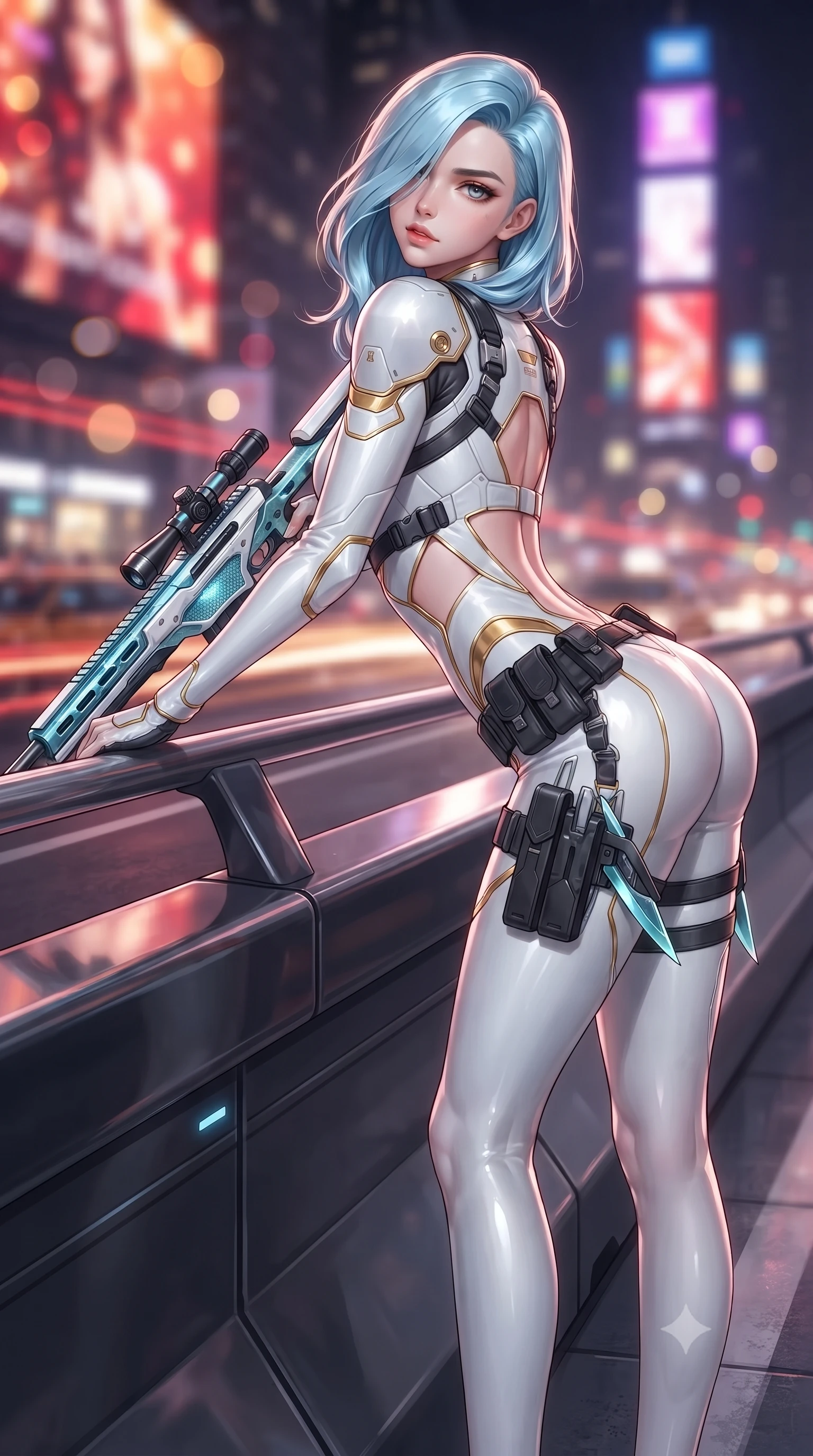 score_9, masterpiece, best quality, ultra-detailed, high-budget anime keyframe, editorial fashion photography, tasteful artistic composition, Korean woman. close-up cowboy shot from the waist and thighs up, the character dominates the composition, filling the frame with her large presence. stretching forward with an alluring arch of her spine, glancing over her shoulder with divine self-assurance and magnetic intensity while leaning against a sleek highway divider barrier with blades resting at her sides, looking into the lens with a dangerous smolder. The composition keeps background elements in soft focus with creamy bokeh. streaking cyber-traffic light trails and giant holographic billboards blurred into dazzling crimson, amber, and violet bokeh. She has an exceptionally elegant, slender, and willowy female figure with an ultra-slim waist, a gracefully sculpted slender torso, toned flat midriff, and a refined slim silhouette. sharp v-shaped jawline, high-bridge nose, intricate jewel-like eyes with depth, thick eyelashes, glossy lips with a natural sheen, flawlessly proportioned anatomical accuracy, strict slender model proportions, natural body alignment, perfectly sculpted long slender limbs, ultra-slim waistline, clean dynamic posture without body distortion. wearing a form-contouring arctic white carbon-composite battle-suit with solar gold trim and diagonal midriff vents, aiming a precision carbon-fiber railgun sniper rifle with divine focus in glacial ice-cyan carbon mesh with pure white armor plates, formed from high-gloss patent carbon-plating with specular chiaroscuro reflections, reinforced by a sleek titanium tactical harness and glowing micro-energy straps, the precision-cut daring openings accentuating her delicate midriff, graceful bare collarbones, and ultra-slim feminine waistline. illuminated by sharp specular highlights tracing her ultra-slim waist, long legs, and sculpted armor plates. ultra-reflective glossy finish, specular highlights, dark metallic sheen, high-contrast stereoscopic depth, volumetric dynamic lighting, 2k, ultra detail, master piece, 9:16 ratio