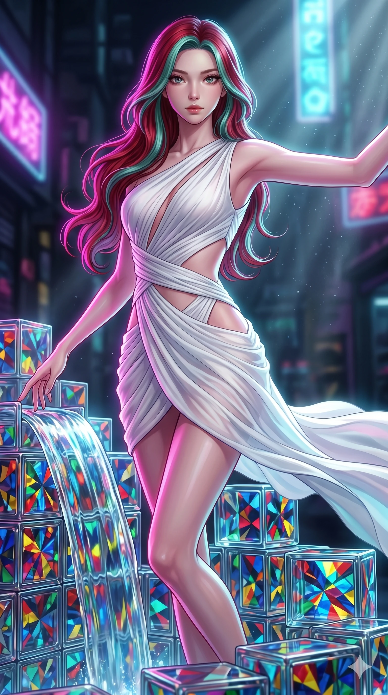 score_9, masterpiece, best quality, ultra-detailed, high-budget anime keyframe, Japanese woman. upper body close-up from the thighs up, character filling the screen for maximum presence. balancing on cubist glass blocks that cascade like a waterfall, reflecting complex mosaic patterns and primary colors. She has an absolutely perfect 8-heads proportion, an exceptionally tall and slender female figure with impossibly long slender legs and an ultra-slim waist. V-shaped jawline, high-bridge nose, intricate jewel-like eyes with depth, thick eyelashes, glossy lips with a natural sheen.. wearing an asymmetric chiffon draped couture mini dress, featuring draped white chiffon fabric twisting around her body with elegant diamond cutouts on the waist. bathed in brilliant cinematic volumetric lighting and intense neon rim light highlighting her slender form. 2k, ultra detail, master piece, 9:16 ratio