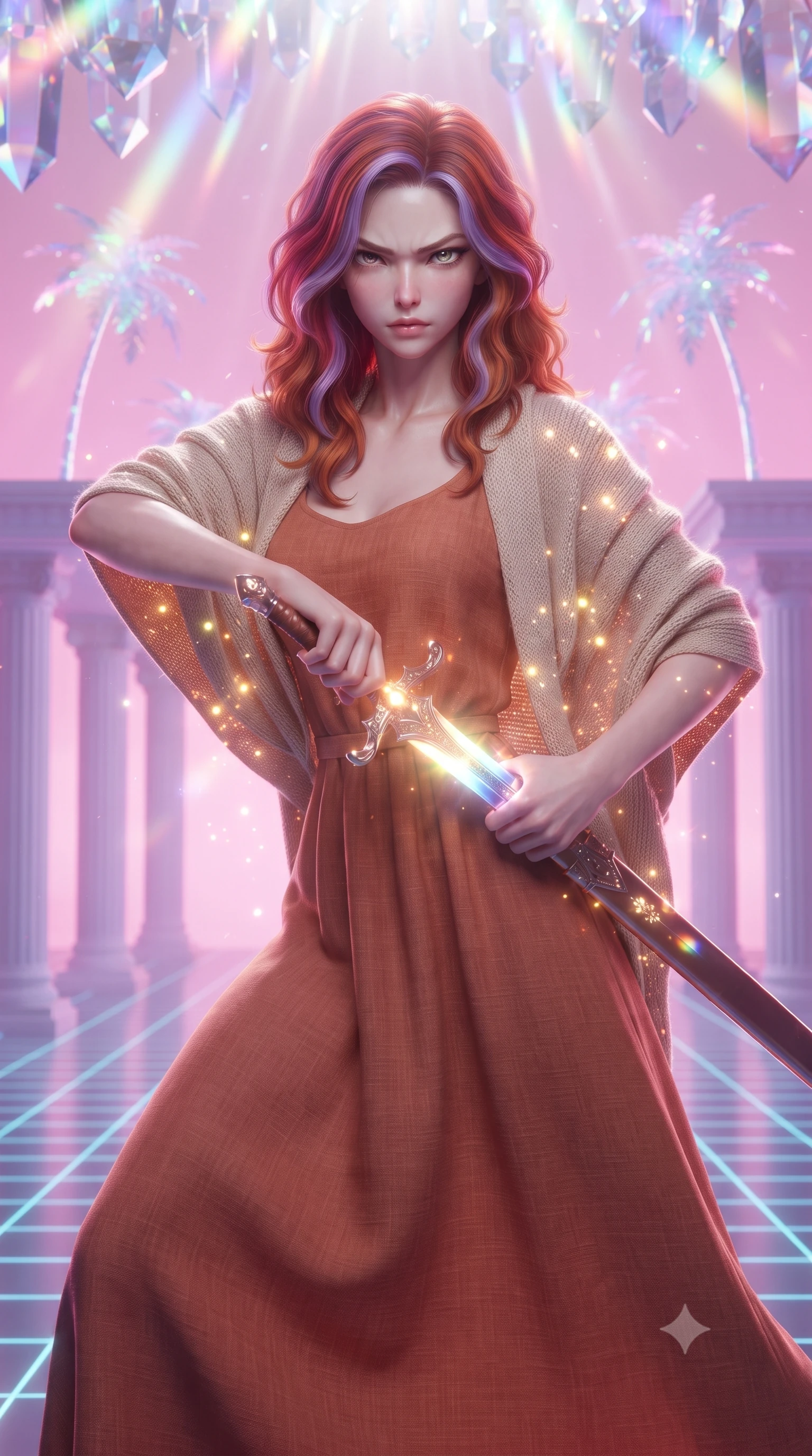 score_9, masterpiece, best quality, ultra-detailed, high-budget anime keyframe, editorial fashion photography, tasteful artistic composition, realistic cosplay photography, Caucasian woman, strictly human ears. close-up cowboy shot from the waist and thighs up, the character dominates the composition, filling the frame with her large presence, background elements kept in soft focus. Drawing a glowing sword with fierce determination and a sharp sidelong glare. set against a soft-focus background of a temple with classical columns, a neon grid floor, and holographic palm trees floating in a pink sky. She has an exceptionally elegant and slender, willowy female figure with an ultra-slim waist, a gracefully sculpted slender torso, and a refined slim physique. sharp v-shaped jawline, high-bridge nose, intricate jewel-like eyes with depth, thick eyelashes, glossy lips with a natural sheen. wearing catching and diffusing the glowing particles, shimmering softly in response to the surrounding light, a form-contouring flowing terracotta-colored linen maxi dress with a relaxed fit, layered with a light beige knitted shawl. cascading rainbow prismatic light refracting through crystal formations overhead. ultra-reflective glossy finish, specular highlights, metallic sheen, high-contrast stereoscopic depth, volumetric dynamic lighting, 2k, ultra detail, master piece, 9:16 ratio