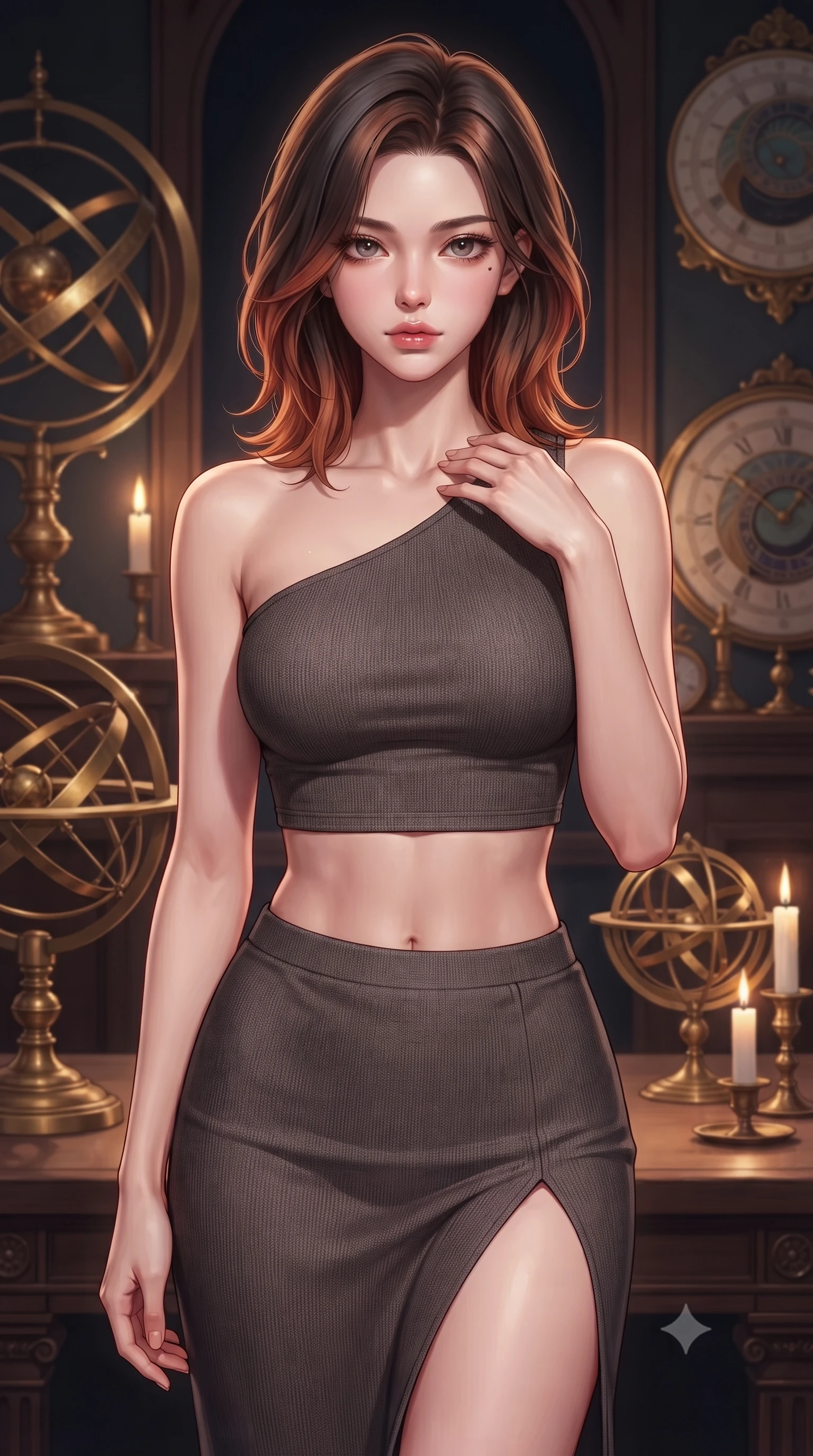 score_9, masterpiece, best quality, ultra-detailed, high-budget anime keyframe, editorial fashion photography, tasteful artistic composition, Korean woman. close-up cowboy shot from the waist and thighs up, the character dominates the composition, filling the frame with her large presence, background elements kept in soft focus. standing with one hand resting on her collarbone, looking at the viewer with bedroom-eyes the background shows a soft-focus a high-tower balcony with delicate brass armillary spheres and astronomical clocks. She has an exceptionally elegant, slender, and willowy female figure with an ultra-slim waist, a gracefully sculpted slender torso, and a refined silhouette. sharp v-shaped jawline, high-bridge nose, intricate jewel-like eyes with depth, thick eyelashes, glossy lips with a natural sheen. wearing a body-hugging asymmetric one-shoulder crop top in charcoal knit, paired with a high-slit skirt. warm candlelight casting dramatic shadows on polished brass instruments. highly saturated vibrant anime colors, detailed shading with soft gradients, rich glossy textures, high-contrast stereoscopic depth, volumetric dynamic lighting, master piece, 9:16 ratio