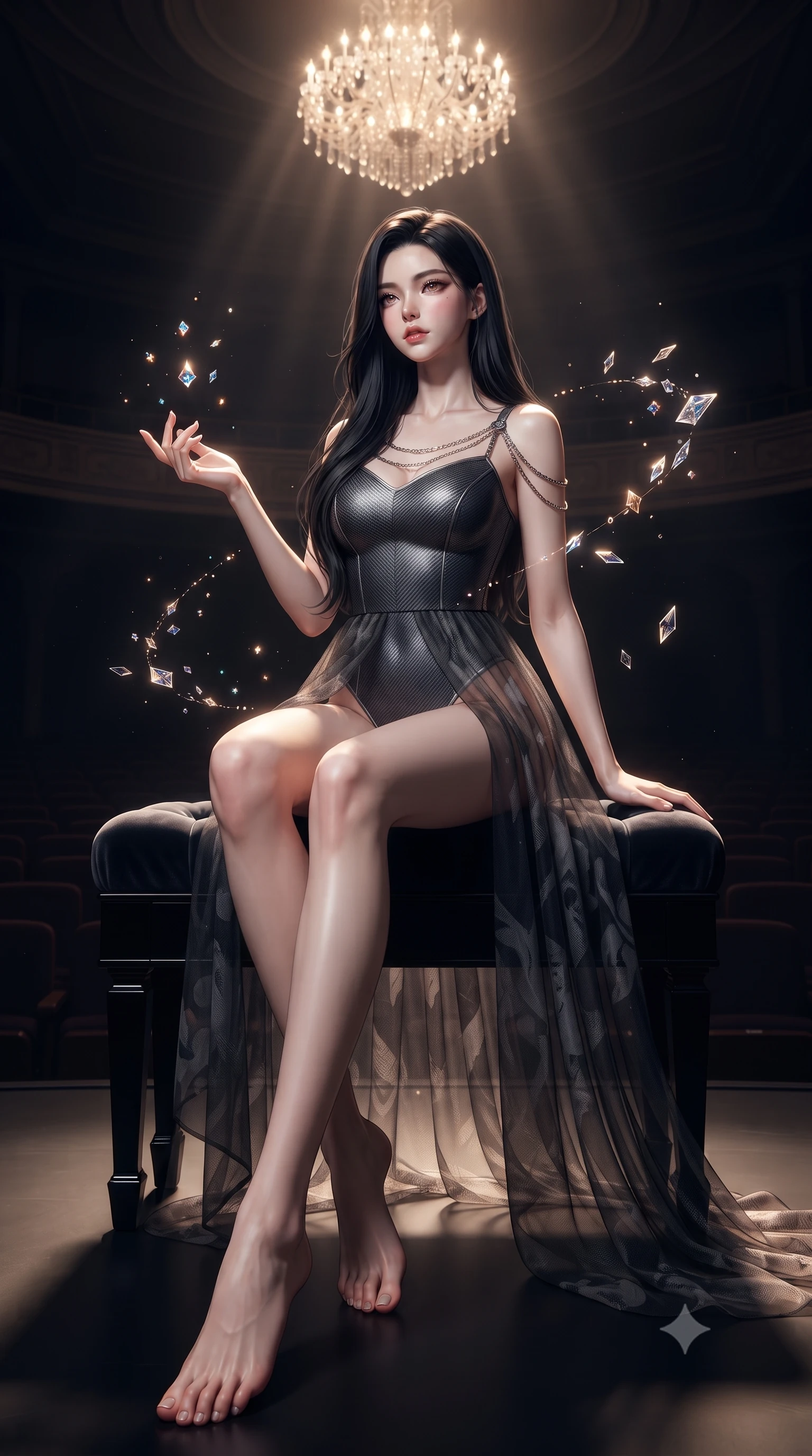 score_9, masterpiece, best quality, ultra-detailed, high-budget anime keyframe, editorial fashion photography, tasteful artistic composition, Korean woman. low angle full-body shot from head to toe showing her feet, filling the entire 9:16 vertical frame with her statuesque presence, stretching her vertical silhouette. interacting gracefully with the magical floating elements while maintaining a confident posture sitting gracefully on a velvet piano bench under a majestic chandelier glow, dramatic chiaroscuro lighting isolating her form in a dark auditorium. She has an absolutely perfect, statuesque 8.5-heads proportion, an exceptionally tall and slender model-like female figure with impossibly long slender legs and an ultra-slim waist. sharp v-shaped jawline, high-bridge nose, intricate jewel-like eyes with depth, thick eyelashes, glossy lips with a natural sheen. wearing a semi-opaque sheer overlay dress over a leather micro-bodysuit in charcoal grey and platinum, made of fine carbon-fiber weave and soft matte leather, adorned with delicate metallic chain straps along the neckline, the sleek second-skin texture accentuating her magnetic presence. illuminated by warm chandelier glow reflecting off polished black wood. ultra-reflective glossy finish, specular highlights, metallic sheen, high-contrast stereoscopic depth, volumetric dynamic lighting, 2k, ultra detail, master piece, 9:16 ratio