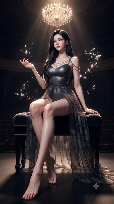 score_9, masterpiece, best quality, ultra-detailed, high-budget anime keyframe, editorial fashion photography, tasteful artistic composition, Korean woman. low angle full-body shot from head to toe showing her feet, filling the entire 9:16 vertical f