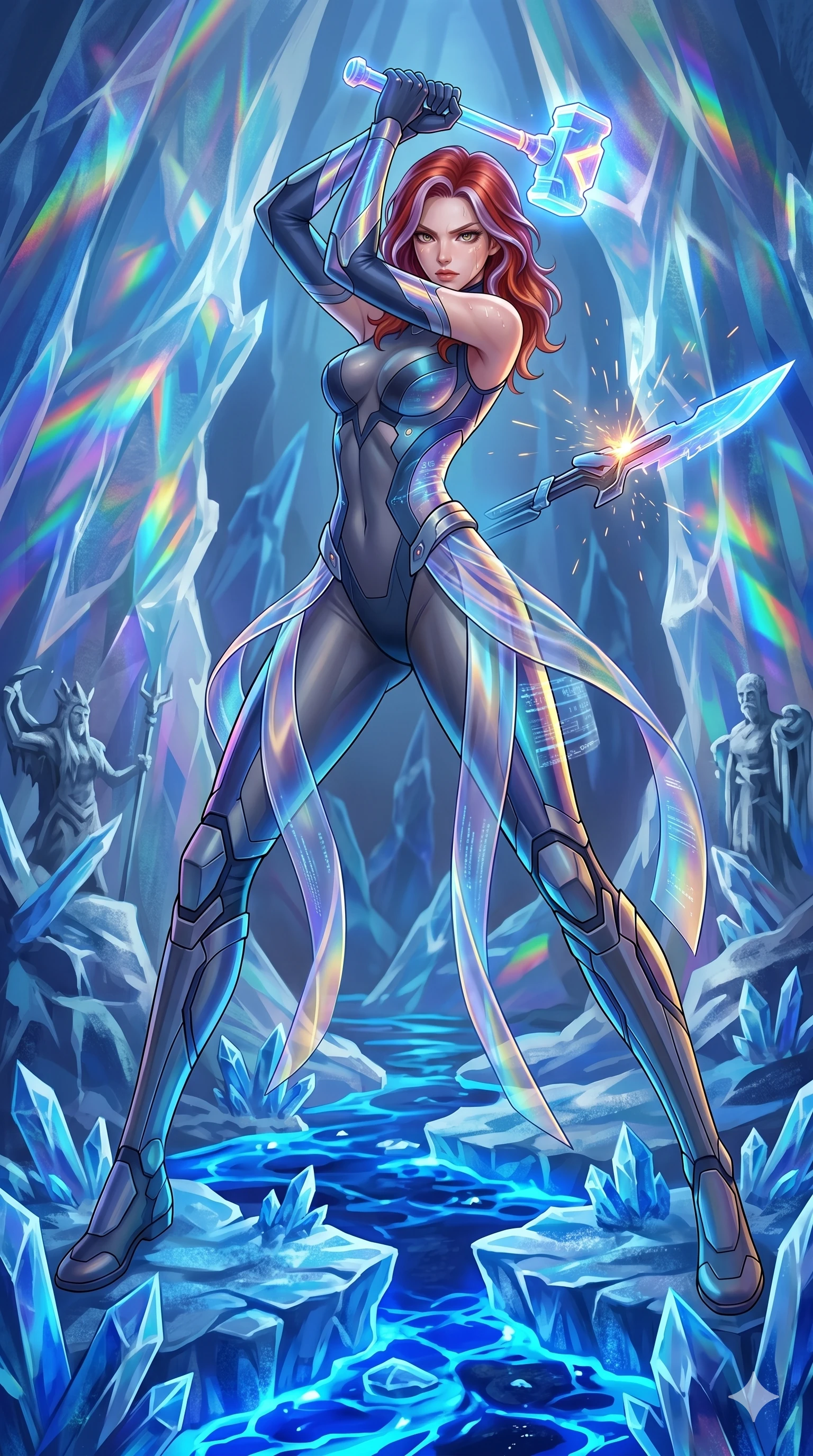 score_9, masterpiece, best quality, ultra-detailed, high-budget anime keyframe, Caucasian woman, strictly human ears. low angle full-body shot filling the entire 9:16 frame with her statuesque presence, stretching the vertical silhouette. forging in a prismatic ice-volcano temple where glowing cobalt-blue liquid magma flows between frozen blue ash crystals. She has an absolutely perfect 8-heads proportion, an exceptionally tall and slender female figure with impossibly long slender legs and an ultra-slim waist. V-shaped jawline, high-bridge nose, intricate jewel-like eyes with depth, thick eyelashes, glossy lips with a natural sheen.. wearing a cybernetic bodysuit with a holographic ribbon, featuring a skin-tight contouring bodysuit wrapped in a translucent flowing holographic organza ribbon. accented by dynamic color-blocked lighting with high-contrast shadows emphasizing her statuesque height. 2k, ultra detail, master piece, 9:16 ratio