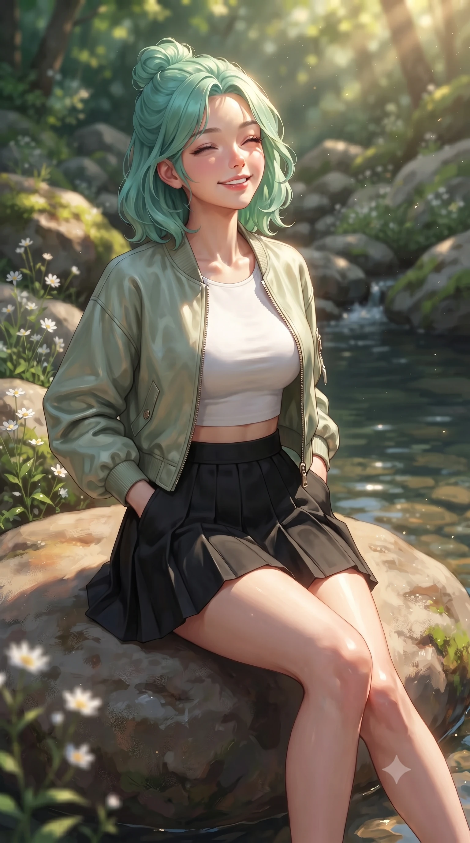 score_9, masterpiece, best quality, ultra-detailed, high-budget anime keyframe, editorial fashion photography, tasteful artistic composition, Japanese woman. close-up cowboy shot from the waist and thighs up, the character dominates the composition, filling the frame with her large presence, background elements kept in soft focus. smiling happily with closed eyes, enjoying the warm sunbeams on her face set against a soft-focus background of on a smooth stone next to a quiet forest creek pool surrounded by mossy rocks with small white wildflowers growing between the mossy river rocks. She has an exceptionally elegant, slender, and willowy female figure with an ultra-slim waist, a gracefully sculpted slender torso, and a refined silhouette. sharp v-shaped jawline, high-bridge nose, intricate jewel-like eyes with depth, thick eyelashes, glossy lips with a natural sheen. wearing slim-fit modern crop top shirt paired with a mini skirt and an unzipped light bomber jacket. soft afternoon sunlight reflecting off the wet rocks and water pool. ultra-reflective glossy finish, specular highlights, metallic sheen, high-contrast stereoscopic depth, volumetric dynamic lighting, 2k, ultra detail, master piece, 9:16 ratio