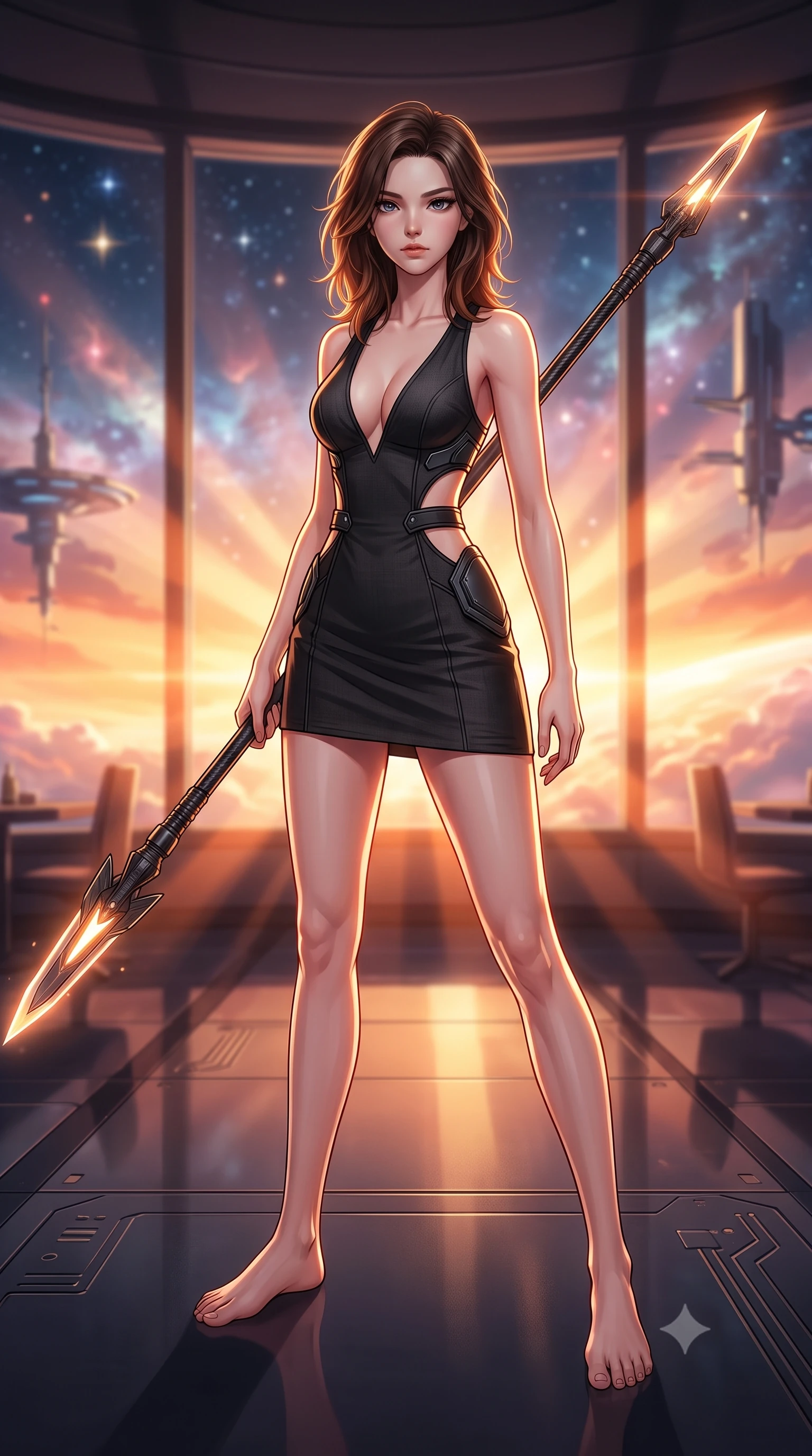 score_9, masterpiece, best quality, ultra-detailed, high-budget anime keyframe, editorial fashion photography, tasteful artistic composition, Korean woman. low angle full-body shot from head to toe showing her feet, filling the entire 9:16 vertical frame with her statuesque presence, stretching her vertical silhouette. standing in a dynamic combat stance with a carbon-fiber spear held diagonally, stretching her statuesque body, the background shows a soft-focus an officers' mess room with floor-to-ceiling windows showing a nebula sunrise. She has an absolutely perfect, statuesque 8.5-heads proportion, an exceptionally tall and slender model-like female figure with impossibly long slender legs and an ultra-slim waist. sharp v-shaped jawline, high-bridge nose, intricate jewel-like eyes with depth, thick eyelashes, glossy lips with a natural sheen. wearing a tailored combat sundress with double waist cutouts and a plunging neckline in carbon-black linen. dramatic dual-tone orange and soft yellow sunrays painting the cabin in warmth. highly saturated vibrant anime colors, detailed shading with soft gradients, rich glossy textures, high-contrast stereoscopic depth, volumetric dynamic lighting, master piece, 9:16 ratio