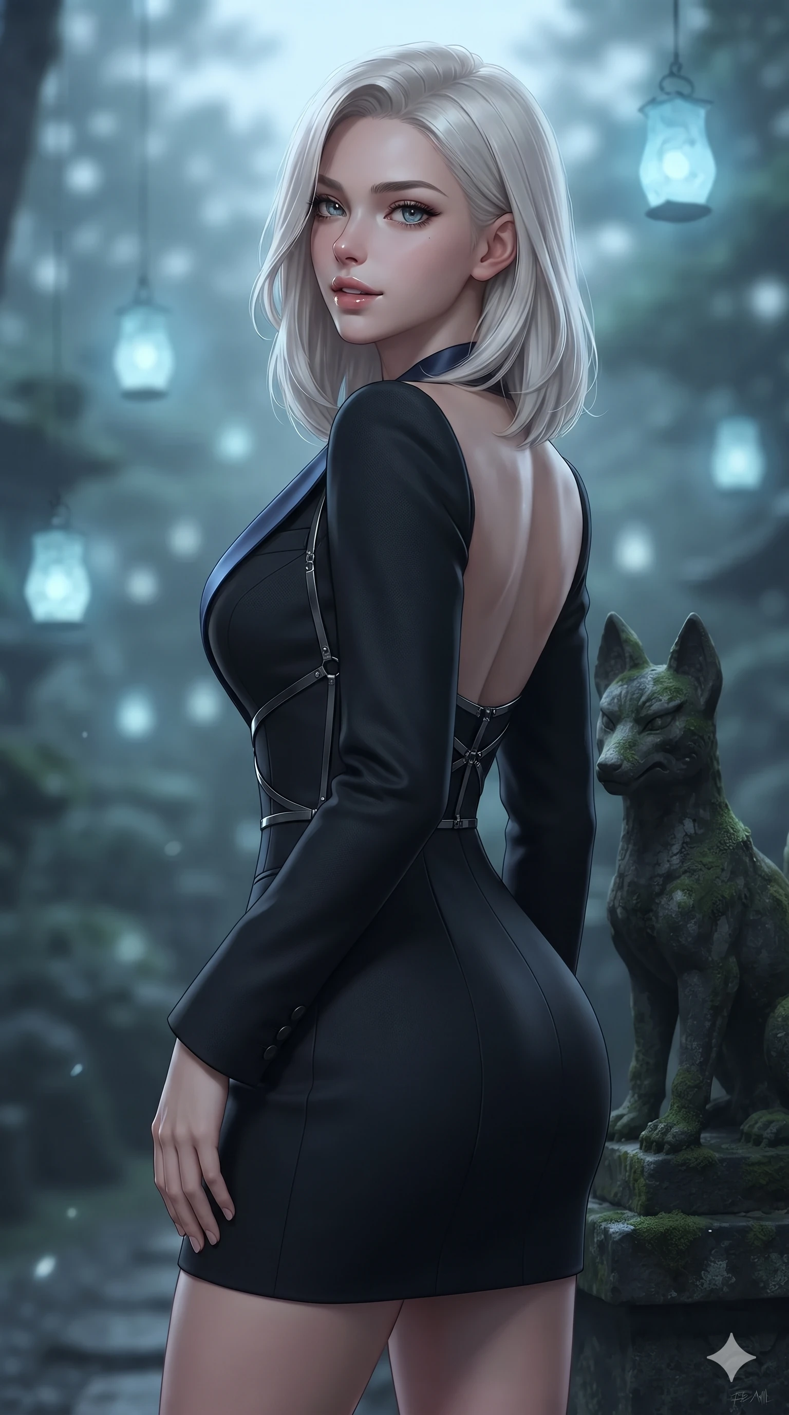 score_9, masterpiece, best quality, ultra-detailed, high-budget anime keyframe, editorial fashion photography, tasteful artistic composition, Caucasian woman. close-up cowboy shot from the waist and thighs up, the character dominates the composition, filling the frame with her large presence. tilting her head with a teasing half-smile, running one hand slowly down the side of her hip in a flirtatious S-curve while posing in an alluring rear three-quarter angle beside the weathered moss-covered kitsune, looking over a bare shoulder with parted glossy lips. The background shows a soft-focus dark mossy stone kitsune statues, floating pale blue spirit lanterns, and towering black bamboo stalks blurred into pale blue, jade, and charcoal bokeh. She has an exceptionally elegant, slender, and willowy female figure with an ultra-slim waist, flat toned midriff, narrow ribcage, and sculpted feminine hips creating an alluring, slim hourglass silhouette without bulk. sharp v-shaped jawline, high-bridge nose, intricate jewel-like dark sparkling eyes with hypnotic seductive depth, thick curled eyelashes, glossy parted lips with a natural wine sheen, alluring bedroom-eyes with an enigmatic smoldering smile, exuding magnetic sovereign charisma and dark avant-garde glamour, flawlessly proportioned anatomical accuracy, strict slender model proportions, natural body alignment, perfectly sculpted long slender limbs, ultra-slim waistline, clean dynamic posture without body distortion. wearing a tailored onyx black tux dress with silk lapels and fitted waist in midnight navy blue and smoky pitch black, woven from matte carbon-fiber weave with high-tech structural hold, highlighted by a gunmetal metallic harness structure, accentuating her gracefully sculpted slender torso and statuesque proportions. illuminated by spirit lantern cold ground bounce and sharp silver-cyan rim lights defining her razor-sharp jawline, narrow waist, and curvy hips. ultra-reflective glossy finish, specular highlights, metallic sheen, high-contrast stereoscopic depth, volumetric dynamic lighting, 2k, ultra detail, master piece, 9:16 ratio