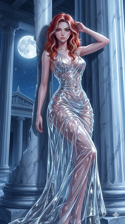 score_9, masterpiece, best quality, ultra-detailed, High-budget Anime Keyframe, East Asian woman. Low angle cowboy shot filling the entire 9:16 frame with her statuesque presence. Scenario 193: Leaning against a cold marble pillar in a moonlit greek 