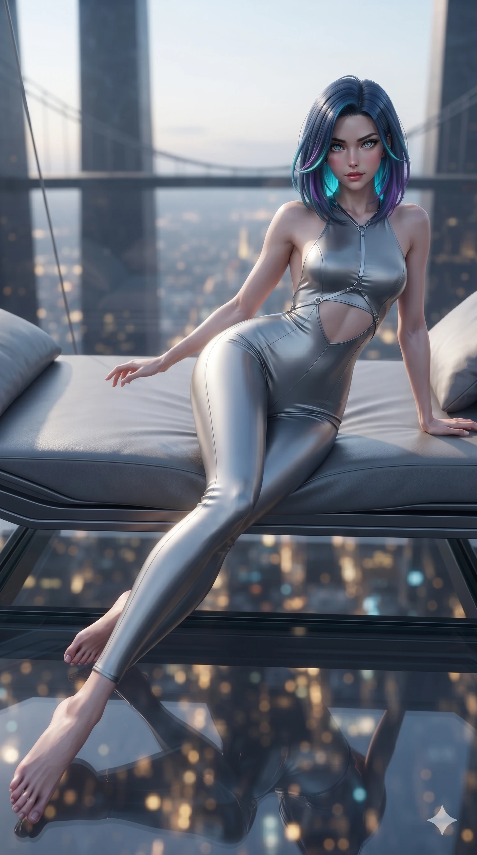 score_9, masterpiece, best quality, ultra-detailed, high-budget anime keyframe, editorial fashion photography, tasteful artistic composition, Caucasian woman. low angle full-body shot from head to toe showing her feet, filling the entire 9:16 vertical frame with her statuesque presence, stretching her vertical silhouette. reclining gracefully across the anti-gravity daybed with one leg extended, her sculpted silhouette and flat midriff radiating magnetic futuristic glamour while twisting her slender torso in an alluring contrapposto stance, shimmering city light reflections tracing her narrow waist and curvy hips through the transparent glass floor. The background shows a soft-focus soaring minimalist black stone monolith towers, suspended skybridge cables, and endless sprawling metropolis lights thousands of meters below blurred into gold, azure, and charcoal bokeh. She has an absolutely perfect, statuesque 8.5-heads proportion, an exceptionally tall and slender model-like female figure with impossibly long slender legs, an ultra-slim waist, a flat toned midriff, narrow delicate ribcage, and beautifully sculpted feminine hips creating a graceful, slim hourglass silhouette without any bulky heaviness. sharp v-shaped jawline, high-bridge nose, intricate jewel-like sparkling eyes with depth, thick eyelashes, glossy parted lips with a natural sheen, bright confident smile with an enchanting and coquettish sensual glint, exuding both youthful magnetic charm and sovereign high-tech allure, flawlessly proportioned anatomical accuracy, strict slender model proportions, natural body alignment, perfectly sculpted long slender limbs, ultra-slim waistline, clean dynamic posture without body distortion. wearing an alluring backless liquid titanium halterneck jumpsuit with deep scoop back down to her lower spine and hip ventilation slits in reflective liquid mercury and matte phantom grey, woven from buttery-soft stretch lambskin leather adhering to her body like a second skin, accented with a chrome-drop body harness subtly framing her dewy collarbones and spine, the liquid-tight tailored fabric clinging flawlessly to her narrow waist and rounded feminine hips, emphasizing every millimeter of her sculpted slim hourglass curves without any bulky heaviness. illuminated by glass floor bounce and sharp azure-gold rim lights defining her razor-sharp jawline, narrow waist, and curvy hips. ultra-reflective glossy finish, specular highlights, rich textural contrasts, high-contrast stereoscopic depth, volumetric dynamic lighting, 2k, ultra detail, master piece, 9:16 ratio