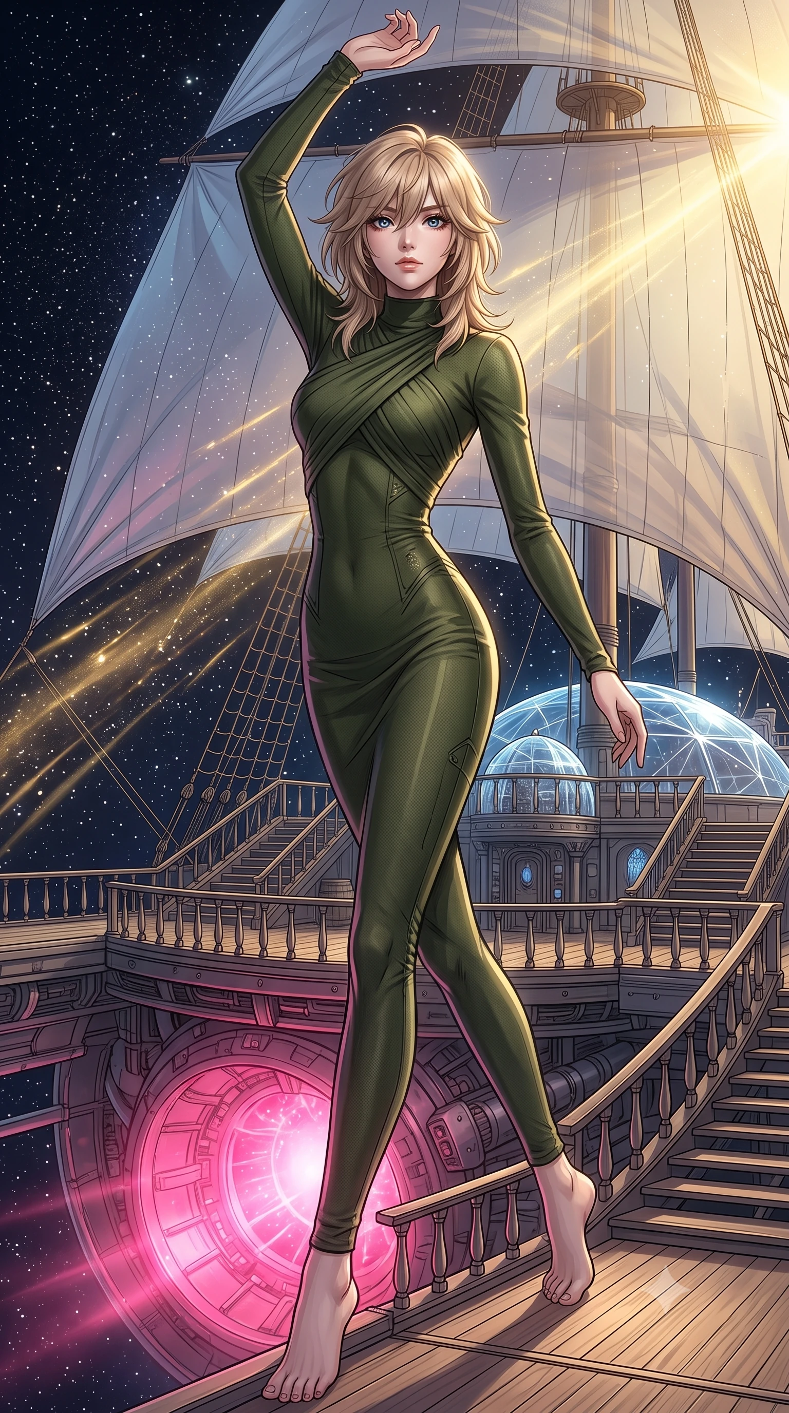 score_9, masterpiece, best quality, ultra-detailed, high-budget anime keyframe, editorial fashion photography, tasteful artistic composition, Japanese woman. low angle full-body shot from head to toe showing her feet, filling the entire 9:16 vertical frame with her statuesque presence, stretching her vertical silhouette. dancing with weightless grace through the deck of a magnificent interstellar sailing vessel with enormous gossamer light-sails billowing with stellar wind cosmic rays visible as golden streaks against the star-filled void beyond the railings. She has a statuesque 8.5-heads proportion, an exceptionally tall, slender and willowy model-like build with impossibly long legs and a highly sculpted ultra-slim waist. sharp v-shaped jawline, high-bridge nose, intricate jewel-like eyes with depth, thick eyelashes, glossy lips with a natural sheen. wearing a long-sleeve bodycon dress in olive green, featuring a sophisticated cross-draped bodice and mock neck. dramatic contrast of hot pink furnace glow from below and cool golden light from above. 2k, ultra detail, master piece, 9:16 ratio