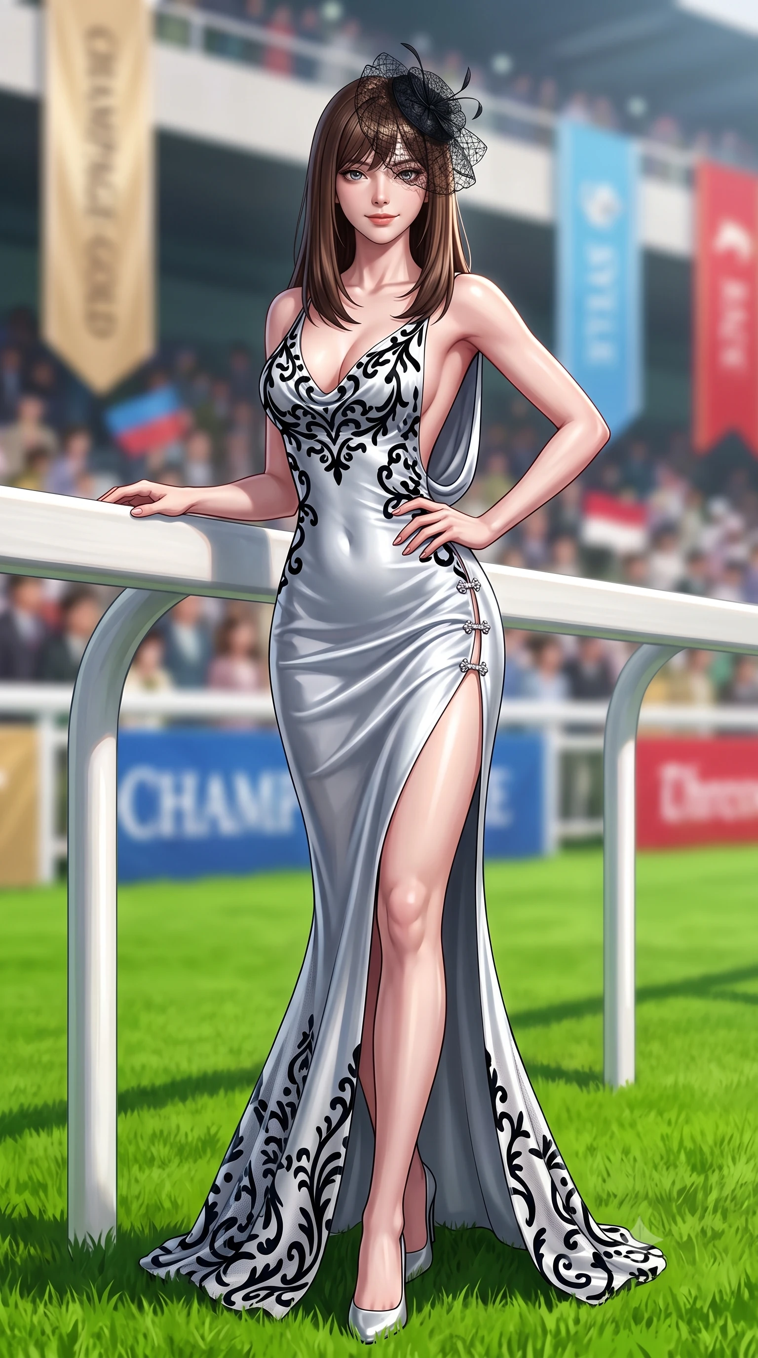 score_9, masterpiece, best quality, ultra-detailed, high-budget anime keyframe, semi-realistic 3D game render, editorial fashion photography, tasteful artistic composition, Korean woman. low angle full-body shot from head to toe showing her feet, filling the entire 9:16 vertical frame with her statuesque presence, stretching her vertical silhouette. striding forward in a proud supermodel runway stride, hips swaying in an alluring kinetic rhythm that accentuates her curvy hourglass silhouette while leaning against the white-painted turf paddock railing with hips cocked back in a chic high-society stance, lowering her lace fascinator with an alluring smirk. The composition keeps background elements in soft focus with creamy bokeh. emerald green turf racetracks and towering grandstand banners blurred into vibrant clover, champagne-gold, and sky-blue bokeh. She has an exceptionally tall and slender model-like 8.5-heads proportion, an ultra-slim waist, a flat toned midriff, narrow delicate ribcage, and beautifully sculpted feminine hips creating a graceful, slim hourglass silhouette without any bulky heaviness, with impossibly long slender legs. sharp v-shaped jawline, high-bridge nose, intricate jewel-like eyes with depth, thick eyelashes, glossy parted lips with a natural sheen, intensely captivating and seductive bedroom-eyes expression, flawlessly proportioned anatomical accuracy, strict slender model proportions, natural body alignment, perfectly sculpted long slender limbs, ultra-slim waistline, clean dynamic posture without body distortion. wearing a sculptured liquid-satin mermaid gown with an ultra-deep cowl back descending to the base of her spine in liquid starlight silver and arctic glacier white, made of sheer contouring power-mesh with velvet flocking patterns, finished with an ultra-high side slit secured by miniature jeweled clasps, the form-contouring material adhering flawlessly to her sculpted flat midriff and slender torso, emphasizing her long leg lines and perfectly proportioned willowy build. illuminated by sharp specular highlights carving her sculpted collarbones, flat toned midriff, and rounded hips. highly saturated vibrant anime colors, detailed shading with soft gradients, rich glossy textures, high-contrast stereoscopic depth, volumetric dynamic lighting, master piece, 9:16 ratio