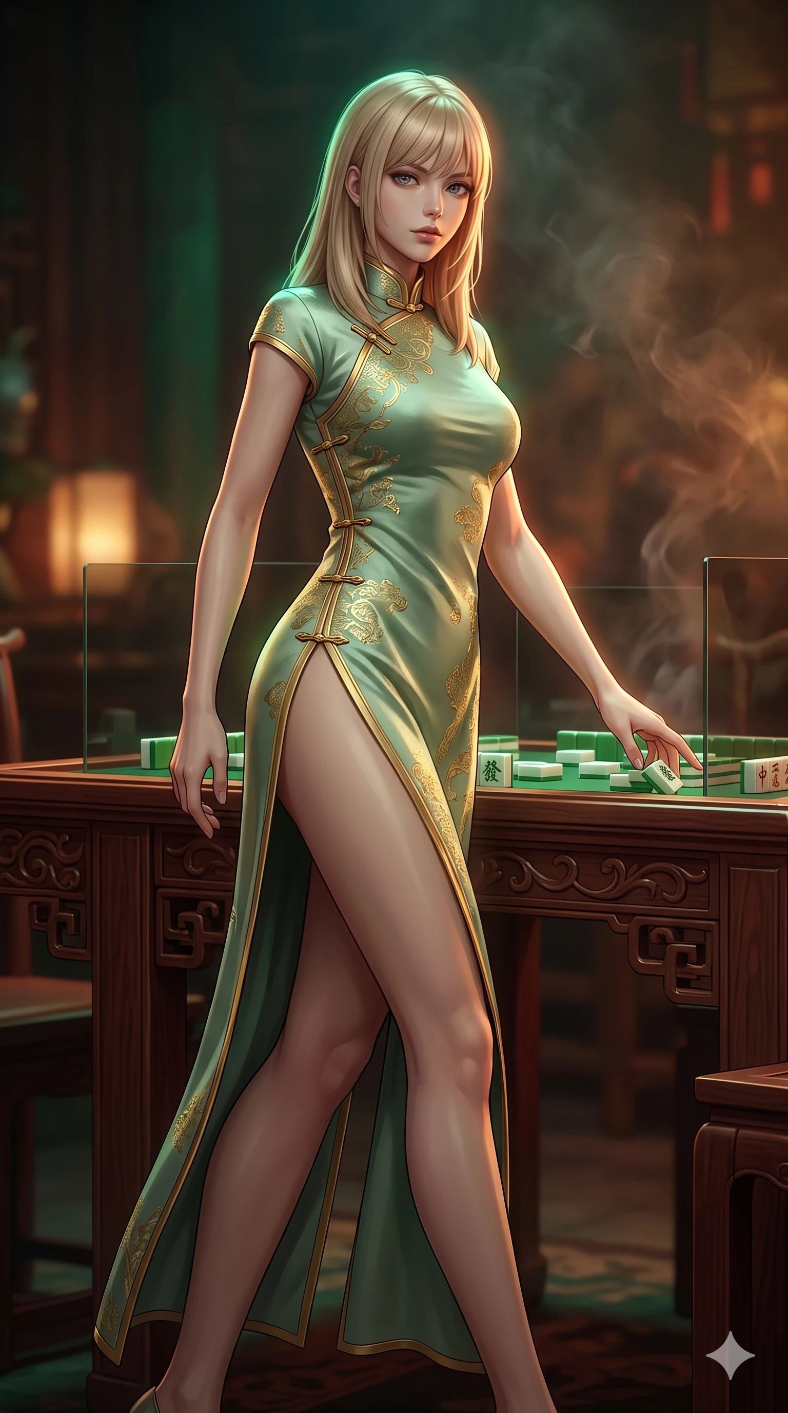 score_9, masterpiece, best quality, ultra-detailed, high-budget anime keyframe, semi-realistic 3D game render, editorial fashion photography, tasteful artistic composition, Japanese woman. low angle full-body shot from head to toe showing her feet, filling the entire 9:16 vertical frame with her statuesque presence, stretching her vertical silhouette. stepping forward in a confident stride, her long slender legs and curvaceous hips creating a dynamic, sweeping vertical line while leaning over the carved rosewood gaming table with hips cocked back, looking through smoked glass partitions with heavy-lidded seductive bedroom-eyes. The surrounding environment is rendered in vivid detail and crisp panoramic clarity: sharp hand-carved jade mahjong tile glyphs, mirror reflections on smoked glass, and crisp brass corner brackets in deep focus. She has an exceptionally tall and slender model-like 8.5-heads proportion, an ultra-slim waist, a flat toned midriff, narrow delicate ribcage, and beautifully sculpted feminine hips creating a graceful, slim hourglass silhouette without any bulky heaviness, with impossibly long slender legs. sharp v-shaped jawline, high-bridge nose, intricate jewel-like sparkling eyes with depth, thick eyelashes, glossy parted lips with a natural sheen, intensely captivating and seductive bedroom-eyes expression, exuding both youthful cute charm and sovereign luxury allure, flawlessly proportioned anatomical accuracy, strict slender model proportions, natural body alignment, perfectly sculpted long slender limbs, ultra-slim waistline, clean dynamic posture without body distortion. wearing an alluring high-slit wrap cheongsam secured by miniature jeweled clasps and revealing the curve of her hip in celadon jade and antique gold-leaf, woven from high-density tech-wool with subtle metallic thread weave, accented with a dainty gold belly chain resting across her flat midriff and curving hips, the impeccably tailored cut draping gracefully along her slender figure with aristocratic poise. illuminated by polished table bounce and sharp emerald-amber rim lights defining her razor-sharp jawline, narrow waist, and curvy hips. highly saturated vibrant anime colors, detailed shading with soft gradients, rich glossy textures, high-contrast stereoscopic depth, volumetric dynamic lighting, master piece, 9:16 ratio
