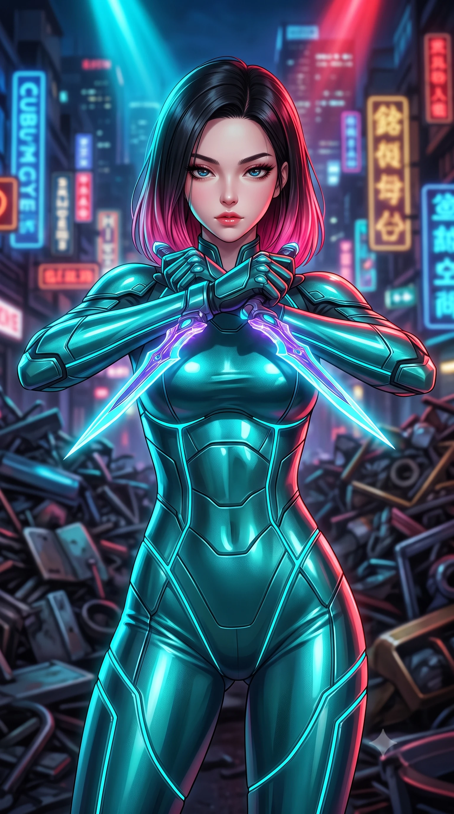score_9, masterpiece, best quality, ultra-detailed, high-budget anime keyframe, editorial fashion photography, tasteful artistic composition, Korean woman. close-up cowboy shot from the waist and thighs up, the character dominates the composition, filling the frame with her large presence, background elements kept in soft focus. holding two energy daggers crossed in front of her elegant collarbone, casting a heavy-lidded, sultry look, the background shows a soft-focus a scrap metal collection yard surrounded by neon signs from a distant city. She has an exceptionally elegant, slender, and willowy female figure with an ultra-slim waist, a gracefully sculpted slender torso, and a refined silhouette. sharp v-shaped jawline, high-bridge nose, intricate jewel-like eyes with depth, thick eyelashes, glossy lips with a natural sheen. wearing a tailored body-hugging metallic teal catsuit with thin cyan LED lighting trims along the seams. strobing cyan and red club lights from above reflecting off her metallic armor. highly saturated vibrant anime colors, detailed shading with soft gradients, rich glossy textures, high-contrast stereoscopic depth, volumetric dynamic lighting, master piece, 9:16 ratio