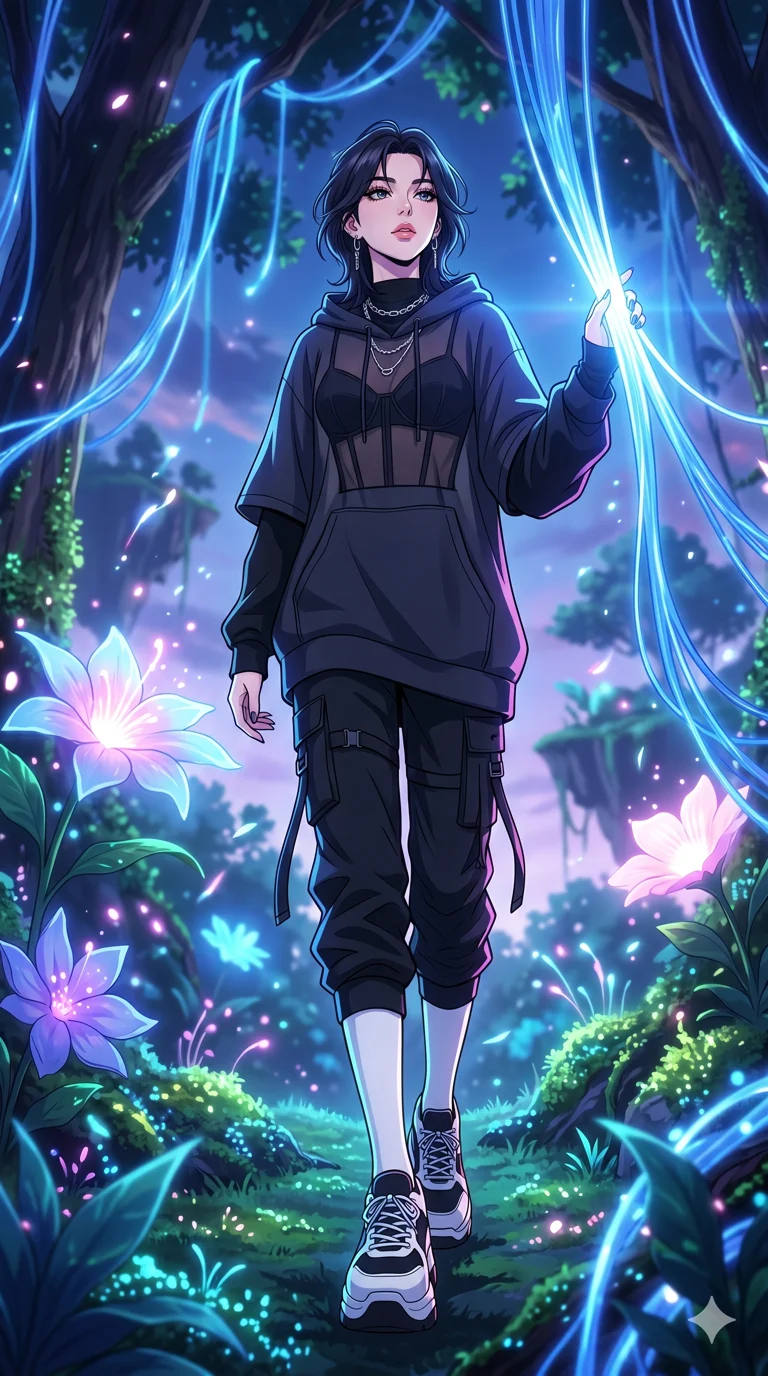 score_9, masterpiece, best quality, ultra-detailed, High-budget Anime Keyframe, vibrant colors, fluid line-art, expressive lighting, cinematic composition, Ufotable-style visual effects, top-tier animation quality, Korean woman with idol-like refined features. Low angle cowboy shot filling the entire 9:16 frame with her statuesque presence, looking up to emphasize her height. Walking through a forest of fiber-optic vines that react to her touch by glowing brighter. She has an absolutely perfect 8-heads proportion, an exceptionally tall and slender female figure with impossibly long slender legs and an ultra-slim waist, her statuesque height and towering silhouette dominating the vertical 9:16 frame. Her face is a masterpiece featuring a sharp v-shaped jawline, high-bridge nose, intricate jewel-like eyes with depth, thick eyelashes, and glossy lips with a natural sheen. She is wearing a Oversized designer hoodie worn as a dress, paired with technical cargo joggers, a sheer corset top, and platform sneakers with knee-high socks.. The scene is set in a floating island covered in giant glowing flowers and vines of pure energy. 2k, ultra detail, master piece, 9:16 ratio