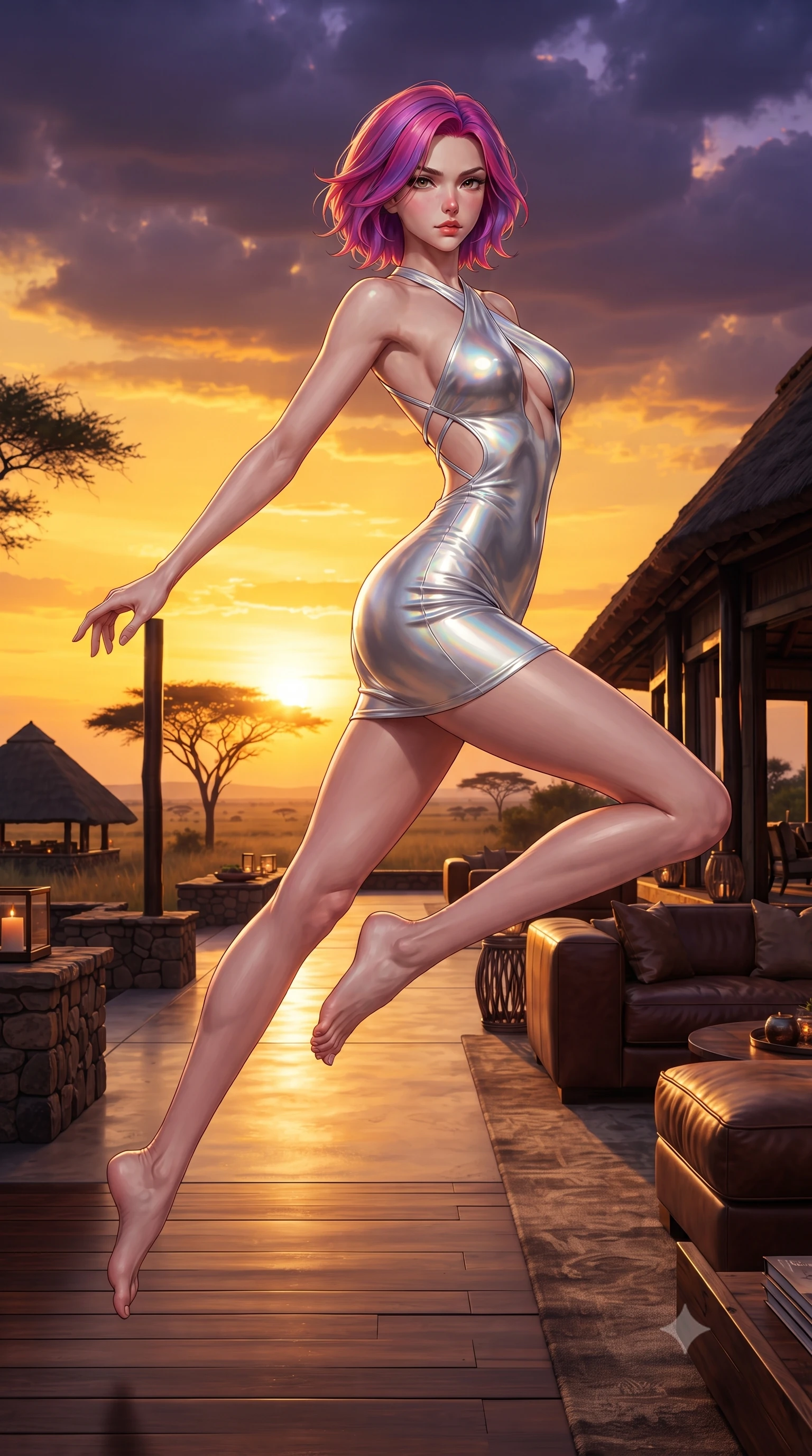 score_9, masterpiece, best quality, ultra-detailed, high-budget anime keyframe, editorial fashion photography, tasteful artistic composition, Caucasian woman. low angle full-body shot from head to toe showing her feet, filling the entire 9:16 vertical frame with her statuesque presence, stretching her vertical silhouette. leaping through mid-air with an athletic yet alluring arch of her spine, her impossibly long slender legs stretched in flawless poise while stretching her long slender legs along a plush outdoor lounger with a smoldering, wild yet sophisticated gaze. The surrounding environment is rendered in vivid detail and crisp panoramic clarity. high-contrast sunset lighting and ultra-exclusive safari architecture rendered with environmental sharpness. She has an absolutely perfect, statuesque 8.5-heads proportion, an exceptionally tall and slender model-like female figure with impossibly long slender legs, a toned flat midriff, and an ultra-slim waist. sharp v-shaped jawline, high-bridge nose, intricate jewel-like eyes with depth, thick eyelashes, glossy lips with a natural sheen, flawlessly proportioned anatomical accuracy, strict slender model proportions, natural body alignment, perfectly sculpted long slender limbs, ultra-slim waistline, clean dynamic posture without body distortion. wearing a molten silver liquid-metal mini dress featuring deep side-waist cutouts and a daring crossover halter neckline in glistening liquid pearl white with rainbow opalescence, made of liquid metal jersey that clings flawlessly to every contour of her build, complemented by criss-cross back straps highlighting her completely bare spine, the glove-like aerodynamic second-skin fit tightly clinging to her ultra-slender waist and athletic curves without adding bulk, accentuating her razor-sharp statuesque lines and slim hourglass silhouette. illuminated by crisp golden rim highlights sharply defining her ultra-slim waist, long legs, and flat midriff. ultra-reflective glossy finish, specular highlights, metallic sheen, high-contrast stereoscopic depth, volumetric dynamic lighting, 2k, ultra detail, master piece, 9:16 ratio