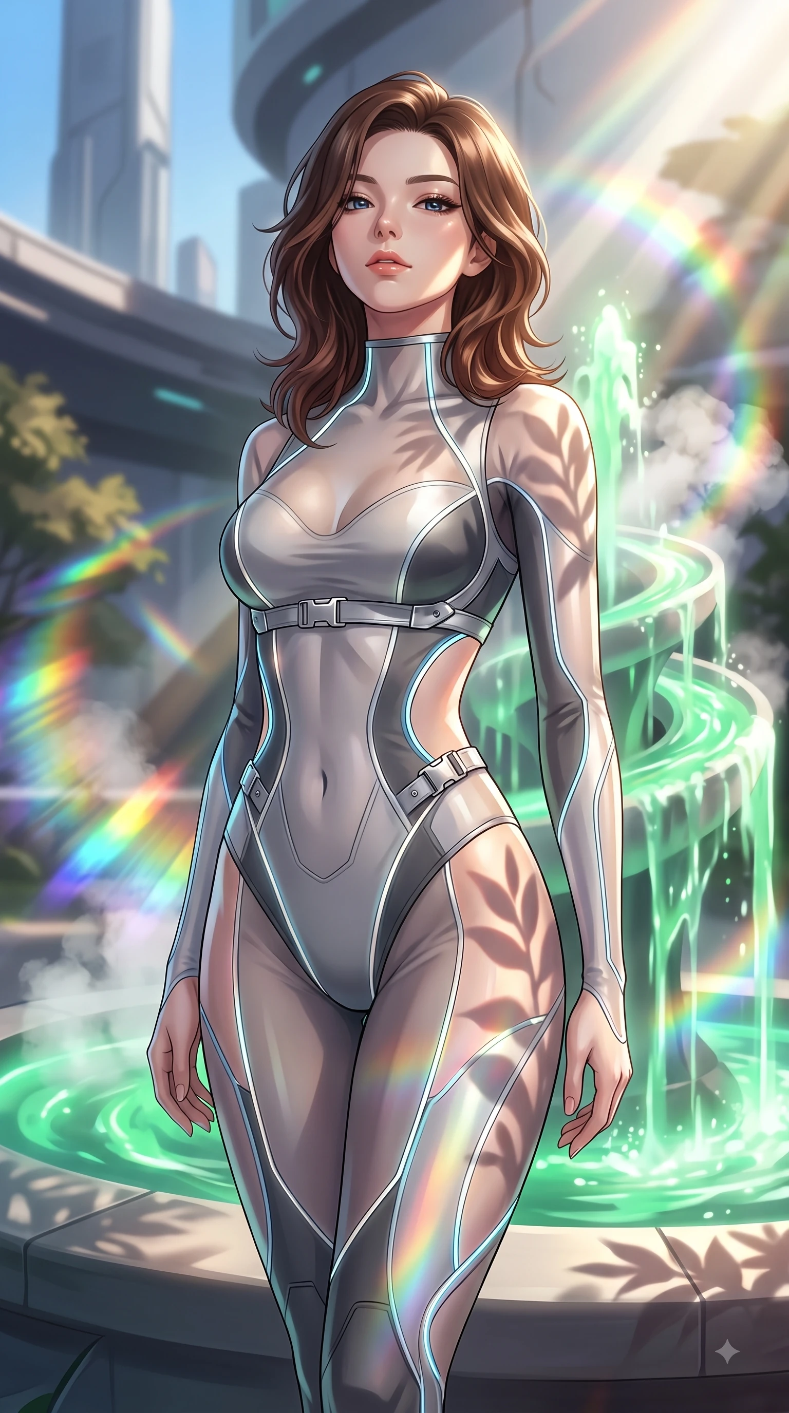 score_9, masterpiece, best quality, ultra-detailed, high-budget anime keyframe, editorial fashion photography, tasteful artistic composition, Korean woman. close-up cowboy shot from the waist and thighs up, the character dominates the composition, filling the frame with her large presence, background elements kept in soft focus. Tilting her chin up with composed magnetism as dramatic side lighting traces her sculpted waist and hip contour while pivoting dynamically beside a hydro-flow spiral fountain flowing with bioluminescent emerald sap, steam clouds refracting sunlight into brilliant rainbow prisms around her form. She has an exceptionally elegant, slender, and willowy female figure with an ultra-slim waist, a gracefully sculpted slender torso, and a refined silhouette. sharp v-shaped jawline, high-bridge nose, intricate jewel-like eyes with depth, thick eyelashes, glossy lips with a natural sheen, flawlessly proportioned anatomical accuracy, natural body alignment, perfectly sculpted elegant limbs, clean dynamic posture without body distortion. wearing a skin-tight cybernetic bodysuit with glowing neon seams and side cutouts in charcoal grey and platinum, woven from fine semi-opaque sheer organza, detailed with polished silver buckles along the waistline, the form-contouring material highlighting her ultra-slim waist and long lines. illuminated by brilliant sunbeams casting organic leaf stencil shadows. highly saturated vibrant anime colors, detailed shading with soft gradients, rich glossy textures, high-contrast stereoscopic depth, volumetric dynamic lighting, master piece, 9:16 ratio