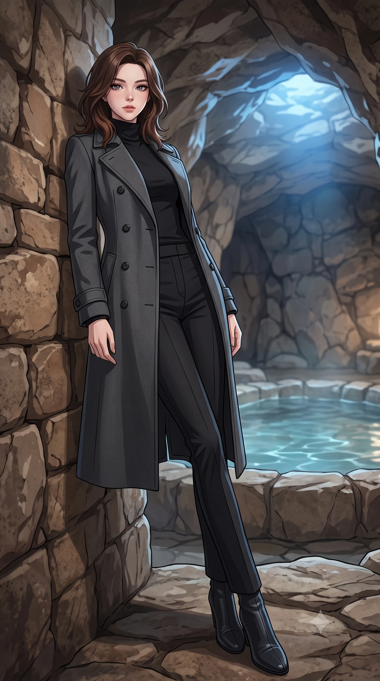 score_9, masterpiece, best quality, ultra-detailed, high-budget anime keyframe, tasteful artistic composition, Korean woman. low angle full-body shot from head to toe showing her feet, filling the entire 9:16 vertical frame with her statuesque presence, stretching her vertical silhouette. leaning back against a rustic stone wall, casting a slow, alluring gaze at the camera the background shows a soft-focus a private stone bath pool built inside a natural rock cave with clear mineral water. She has an absolutely perfect, statuesque 8.5-heads proportion, an exceptionally tall and slender model-like female figure with impossibly long slender legs and an ultra-slim waist. sharp v-shaped jawline, high-bridge nose, intricate jewel-like eyes with depth, thick eyelashes, glossy lips with a natural sheen. wearing a tailored tailored wool trench coat in charcoal grey, worn closed over a black cashmere turtleneck and trousers. soft blue light reflecting from the pool water onto the rocky cave ceiling. highly saturated vibrant anime colors, cel-shading, 2d style, master piece, 9:16 ratio