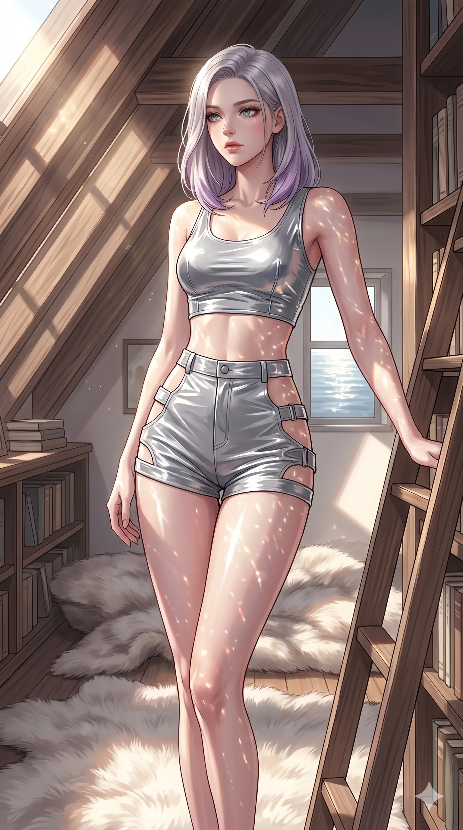 score_9, masterpiece, best quality, ultra-detailed, high-budget anime keyframe, editorial fashion photography, tasteful artistic composition, Caucasian woman, strictly human ears. cowboy shot from the thighs up, character and outfit filling the frame for maximum editorial presence. gazing past the camera with wistful, melancholic eyes, her posture relaxed and full of quiet elegance inside a cozy sunlit library attic with sloped wooden beams and soft fur rugs (Code-P095). She has an absolutely perfect 8-heads proportion, an exceptionally tall and slender female figure with impossibly long slender legs and an ultra-slim waist. V-shaped jawline, high-bridge nose, intricate jewel-like eyes with depth, thick eyelashes, glossy lips with a natural sheen. wearing a wet-look silver vinyl crop top and high-waisted shorts with side cutouts and straps. bathed in brilliant morning sunshine reflecting off the water, casting glittering light patterns across her skin. 2k, ultra detail, master piece, 9:16 ratio