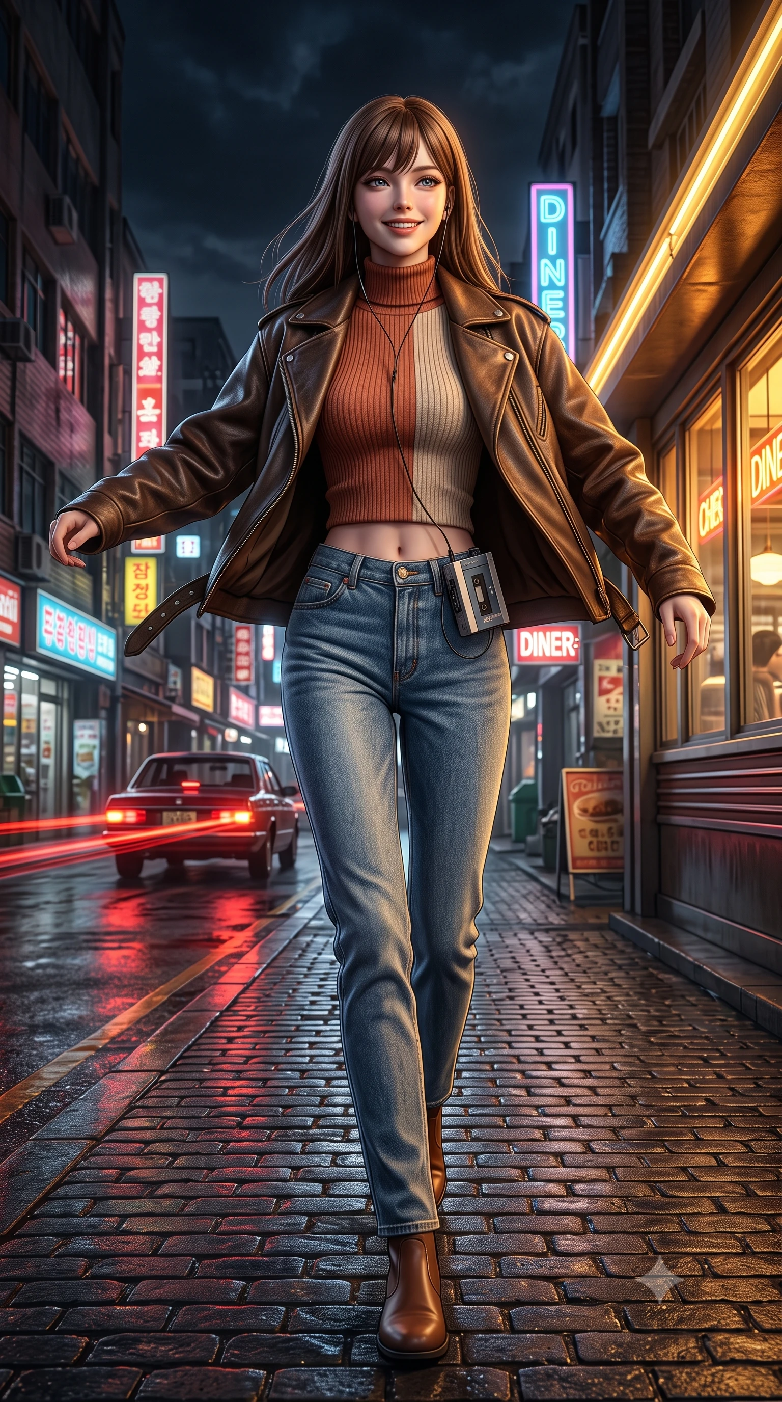score_9, masterpiece, best quality, ultra-detailed, high-budget anime keyframe, semi-realistic 3D game render, editorial fashion photography, tasteful artistic composition, Korean woman. low angle full-body shot from head to toe showing her feet, filling the entire 9:16 vertical frame with her statuesque presence, stretching her vertical silhouette. executing an elegant mid-motion spin with effortless grace, her garments fluttering softly around her ultra-slim waistline while walking dynamically down the wet cobblestone street as red taillights of vintage cars leave cinematic light streaks. The surrounding environment is rendered in vivid detail and crisp panoramic clarity. authentic 90s film noir chiaroscuro and atmospheric retro Asian city nightlife rendered in precision. She has an absolutely perfect, statuesque 8.5-heads proportion, an exceptionally tall and slender model-like female figure with impossibly long slender legs, a toned flat midriff, and an ultra-slim waist. sharp v-shaped jawline, high-bridge nose, intricate jewel-like eyes with depth, thick eyelashes, glossy lips with a natural sheen, captivating and magnetic expression, flawlessly proportioned anatomical accuracy, strict slender model proportions, natural body alignment, perfectly sculpted long slender limbs, ultra-slim waistline, clean dynamic posture without body distortion. wearing an iconic oversized vintage brown leather biker jacket worn over a snug ribbed turtleneck and high-rise mom jeans in warm terracotta and oatmeal beige, crafted from ultra-soft brushed fleece and vintage-washed jersey, accessorized with a vintage portable cassette Walkman clipped to her waistband, the precision-cut daring openings accentuating her delicate midriff, graceful bare collarbones, and ultra-slim feminine waistline. illuminated by warm golden diner window key light sculpting her cheekbones and joyful expression. highly saturated vibrant anime colors, detailed shading with soft gradients, rich glossy textures, high-contrast stereoscopic depth, volumetric dynamic lighting, master piece, 9:16 ratio