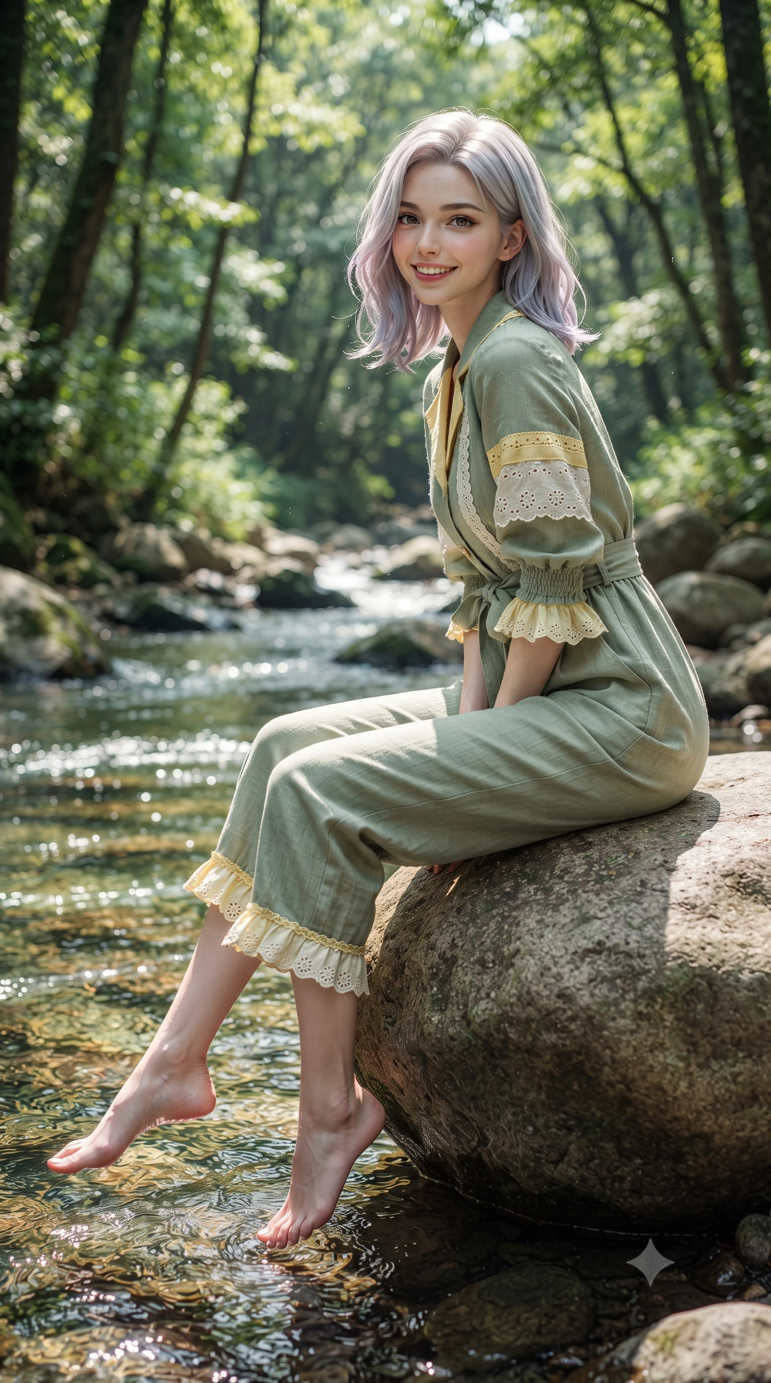 score_9, masterpiece, best quality, ultra-detailed, high-budget anime keyframe, editorial fashion photography, tasteful artistic composition, Caucasian woman. low angle full-body shot from head to toe showing her feet, filling the entire 9:16 vertical frame with her statuesque presence, stretching her vertical silhouette. performing a cheerful mid-motion turn with effortless poise, her skirt fluttering softly as she smiles into the camera while sitting on a smooth river stone dangling her bare feet near the sparkling water, smiling sweetly into the lens. The surrounding environment is rendered in vivid detail and crisp panoramic clarity. intricate woodland chiaroscuro and pristine natural forest ecosystems captured with precision. She has an absolutely perfect, statuesque 8.5-heads proportion, an exceptionally tall and slender model-like female figure with impossibly long slender legs, a toned flat midriff, and an ultra-slim waist. sharp v-shaped jawline, high-bridge nose, intricate jewel-like eyes with depth, thick eyelashes, glossy lips with a natural sheen, pure and lovely fresh girlhood expression, flawlessly proportioned anatomical accuracy, strict slender model proportions, natural body alignment, perfectly sculpted long slender limbs, ultra-slim waistline, clean dynamic posture without body distortion. wearing a relaxed sage green linen jumpsuit with a tied waist sash and folded collar in fresh buttercup yellow and clean cream white, woven with delicate eyelet lace and breathable cotton voile, accented with soft smocked elastic details and ruffled cuff trims, the chic real-way fashion cut emphasizing her effortless charm, flat midriff, and slender model proportions. surrounded by a pure, healing, and magically enchanting forest fairy maiden aura. ultra-reflective glossy finish, specular highlights, rich natural textures, high-contrast stereoscopic depth, volumetric dynamic lighting, 2k, ultra detail, master piece, 9:16 ratio
