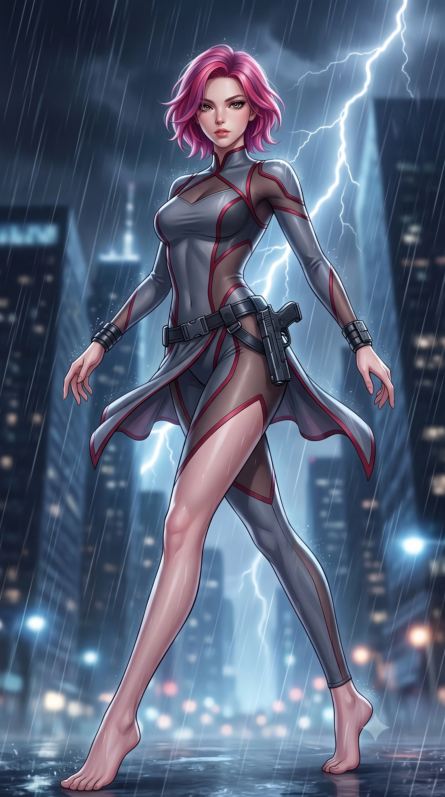score_9, masterpiece, best quality, ultra-detailed, high-budget anime keyframe, semi-realistic 3D game render, editorial fashion photography, tasteful artistic composition, Caucasian woman. low angle full-body shot from head to toe showing her feet, filling the entire 9:16 vertical frame with her statuesque presence, stretching her vertical silhouette. executing an elegant mid-motion spin with effortless grace, her garments fluttering softly around her ultra-slim waistline while striding through the rainstorm with lethal grace, grappling gun holstered at her hip as thunder rumbles overhead. The composition keeps background elements in soft focus with creamy bokeh. violent lightning forks and distant glowing skyscraper crowns blurred into charcoal, slate-blue, and electric white bokeh. She has an absolutely perfect, statuesque 8.5-heads proportion, an exceptionally tall and slender model-like female figure with impossibly long slender legs, a toned flat midriff, and an ultra-slim waist. sharp v-shaped jawline, high-bridge nose, intricate jewel-like eyes with depth, thick eyelashes, glossy lips with a natural sheen, captivating and magnetic expression, flawlessly proportioned anatomical accuracy, strict slender model proportions, natural body alignment, perfectly sculpted long slender limbs, ultra-slim waistline, clean dynamic posture without body distortion. wearing a sharp asymmetrical spy bodysuit with sheer contouring mesh panels, reinforced strike shoulders, and utility waist harness in storm grey and dark scarlet trim, made of high-mobility liquid jersey and semi-opaque reinforced mesh, accented with concealed lockpick wristbands and polished dark chrome hardware, the sleek tailored cut tightly hugging her graceful clavicle, narrow waist, and feminine curves with statuesque precision. surrounded by an indomitable, dangerous, and breathtakingly cinematic lone infiltration specialist aura. highly saturated vibrant anime colors, detailed shading with soft gradients, rich glossy textures, high-contrast stereoscopic depth, volumetric dynamic lighting, master piece, 9:16 ratio
