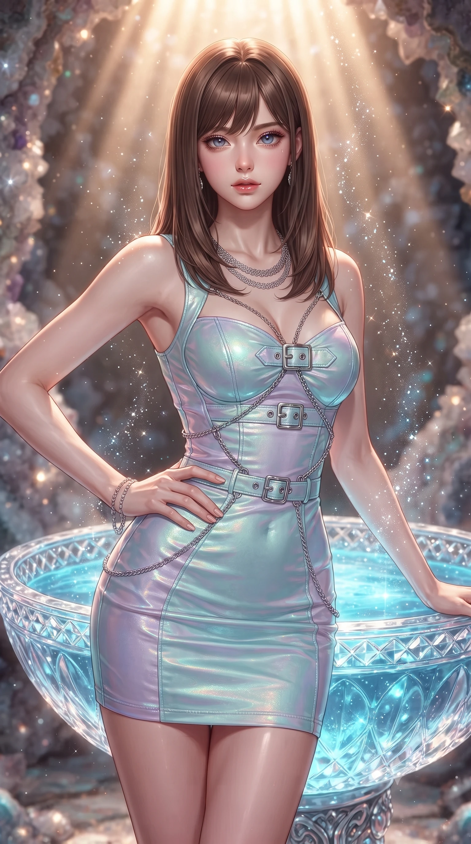 score_9, masterpiece, best quality, ultra-detailed, high-budget anime keyframe, editorial fashion photography, tasteful artistic composition, Korean woman. close-up cowboy shot from the waist and thighs up, the character dominates the composition, filling the frame with her large presence, background elements kept in soft focus. Holding a confident power pose with one hand on her hip, resting near a crystal basin filled with glowing bioluminescent water, fine crystal dust sparkling in warm sunlight filtering from above. She has an exceptionally elegant, slender, and willowy female figure with an ultra-slim waist, a gracefully sculpted slender torso, and a refined silhouette. sharp v-shaped jawline, high-bridge nose, intricate jewel-like eyes with depth, thick eyelashes, glossy lips with a natural sheen. wearing glove-like fit pale turquoise latex bodycon mini dress in pastel lavender violet, made of iridescent turquoise taffeta, framed by polished silver buckles and delicate chain details, accentuating her gracefully sculpted slender torso. bathed in warm sunbeams piercing the top of the geode cavern. highly saturated vibrant anime colors, detailed shading with soft gradients, rich glossy textures, high-contrast stereoscopic depth, volumetric dynamic lighting, master piece, 9:16 ratio