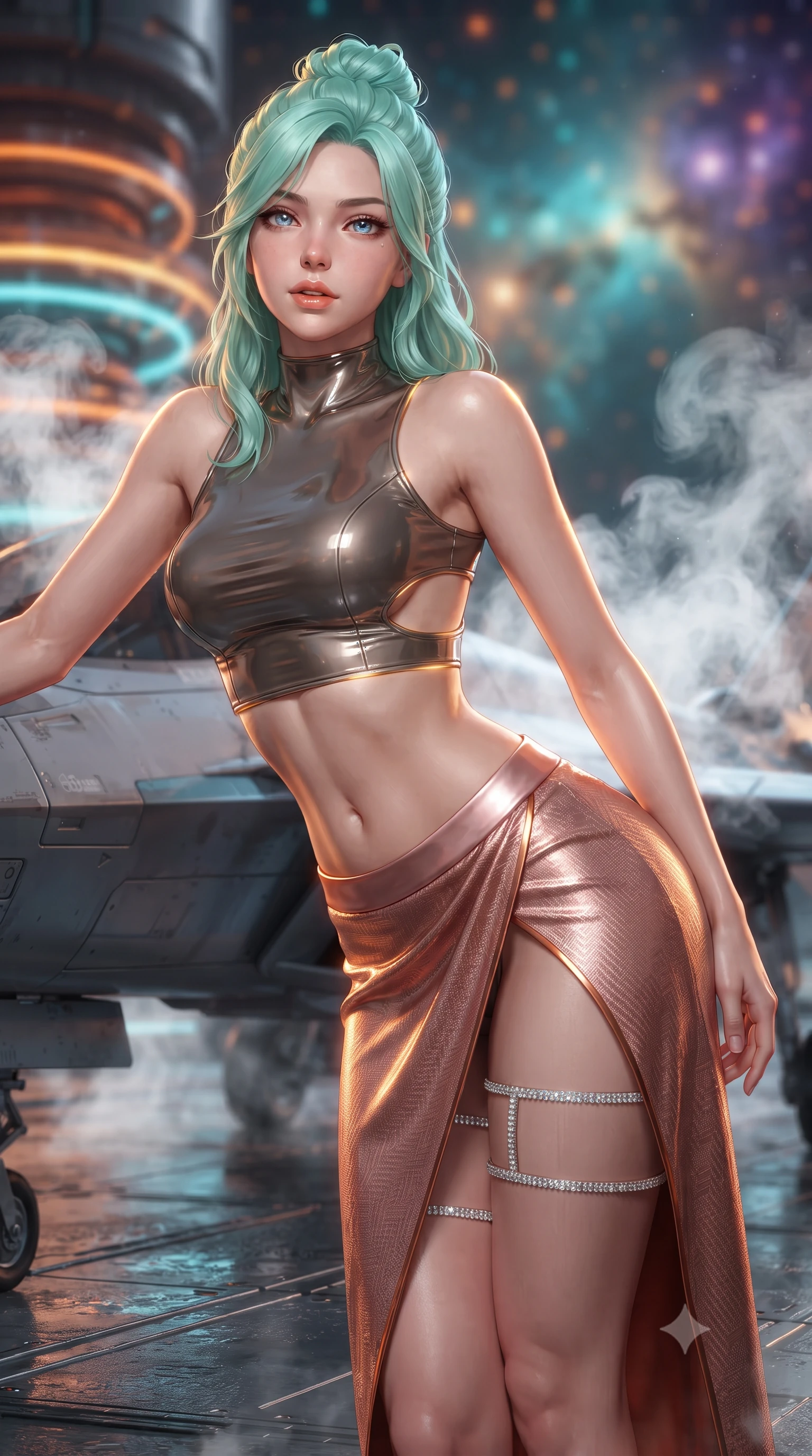 score_9, masterpiece, best quality, ultra-detailed, high-budget anime keyframe, editorial fashion photography, tasteful artistic composition, Japanese woman. close-up cowboy shot from the waist and thighs up, the character dominates the composition, filling the frame with her large presence. leaning forward while arching her lower back to accentuate her curvy hips, looking into the camera with an intoxicating smoldering gaze and bedroom-eyes while twisting her slender torso in an alluring S-curve beside the parked interceptor fighter, charging magnetic field arcs highlighting her flat midriff and hourglass curves. The background shows a soft-focus pulsing orange and cyan magnetic acceleration rings, billows of swirling white coolant steam, and distant star nebula blurred into amber, turquoise, and violet bokeh. She has an exceptionally elegant, slender, and willowy female figure with an ultra-slim waist, flat toned midriff, narrow ribcage, and sculpted feminine hips creating an alluring, slim hourglass silhouette without bulk. sharp v-shaped jawline, high-bridge nose, intricate jewel-like sparkling eyes with depth, thick eyelashes, glossy parted lips with a natural peach sheen, bright cheerful beaming smile with an enchanting and coquettish sensual glint, exuding both youthful cute charm and seductive allure, flawlessly proportioned anatomical accuracy, strict slender model proportions, natural body alignment, perfectly sculpted long slender limbs, ultra-slim waistline, clean dynamic posture without body distortion. wearing an alluring tactical crop top with asymmetrical side-rib cutouts and high-neck collar paired with a high-slit wrap skirt in high-gloss rose-gold and burnished copper, woven from structured carbon-fiber jacquard with rich textural depth, finished with delicate crystal-encrusted thigh garter straps glinting in the dim light, the glove-like clinging cut tightly following the natural contour of her hips and long slender legs with youthful 8.5-heads elegance. illuminated by wet metal deck bounce and sharp amber-gold rim lights defining her dewy collarbones, ultra-slim waist, and curvy hips. ultra-reflective glossy finish, specular highlights, rich textural contrasts, high-contrast stereoscopic depth, volumetric dynamic lighting, 2k, ultra detail, master piece, 9:16 ratio