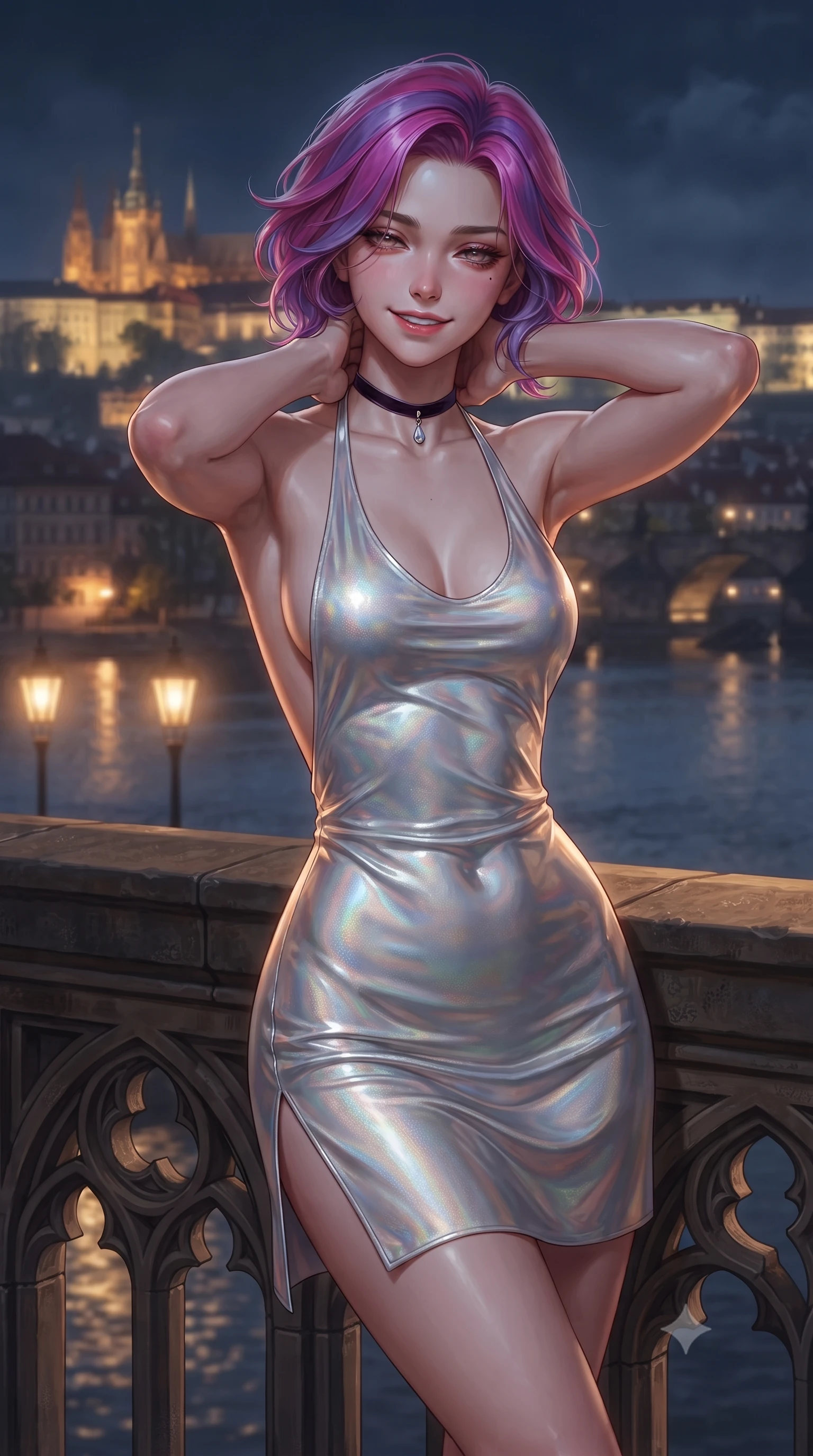 score_9, masterpiece, best quality, ultra-detailed, high-budget anime keyframe, editorial fashion photography, tasteful artistic composition, Caucasian woman. close-up cowboy shot from the waist and thighs up, the character dominates the composition, filling the frame with her large presence. resting both hands lightly behind her neck with elbows raised, arching her spine to highlight her narrow waist, flat midriff, and breathtaking collarbones while leaning against the gothic stone balustrade with hips cocked back, looking out over the illuminated silhouette of Prague Castle with heavy-lidded bedroom-eyes. The background shows a soft-focus curling nocturnal river fog softened in medieval gothic European capital shallow focus. She has an exceptionally elegant, slender, and willowy female figure with an ultra-slim waist, flat toned midriff, narrow ribcage, and sculpted feminine hips creating an alluring, slim hourglass silhouette without bulk. sharp v-shaped jawline, high-bridge nose, intricate jewel-like sparkling eyes with depth, thick eyelashes, glossy parted lips with a natural peach sheen, bright cheerful beaming smile with an enchanting and coquettish sensual glint, exuding both youthful cute charm and seductive allure, flawlessly proportioned anatomical accuracy, strict slender model proportions, natural body alignment, perfectly sculpted long slender limbs, ultra-slim waistline, clean dynamic posture without body distortion. wearing a provocative backless halterneck silk lamé mini dress with deep scoop back down to her lower spine and thigh-high slit in liquid molten silver and iridescent mother-of-pearl, crafted from fluid liquid silk satin that clings smoothly to her narrow waist and rounded hips with a dewy sheen, finished with a thin velvet ribbon choker and a single teardrop diamond pendant, the glove-like clinging cut tightly following the natural contour of her hips and long slender legs with youthful 8.5-heads elegance. bathed in the romantic amber 2200K glow of street gas lamps below mixed with cool silver moonlight on river water. ultra-reflective glossy finish, specular highlights, rich textural contrasts, high-contrast stereoscopic depth, volumetric dynamic lighting, 2k, ultra detail, master piece, 9:16 ratio