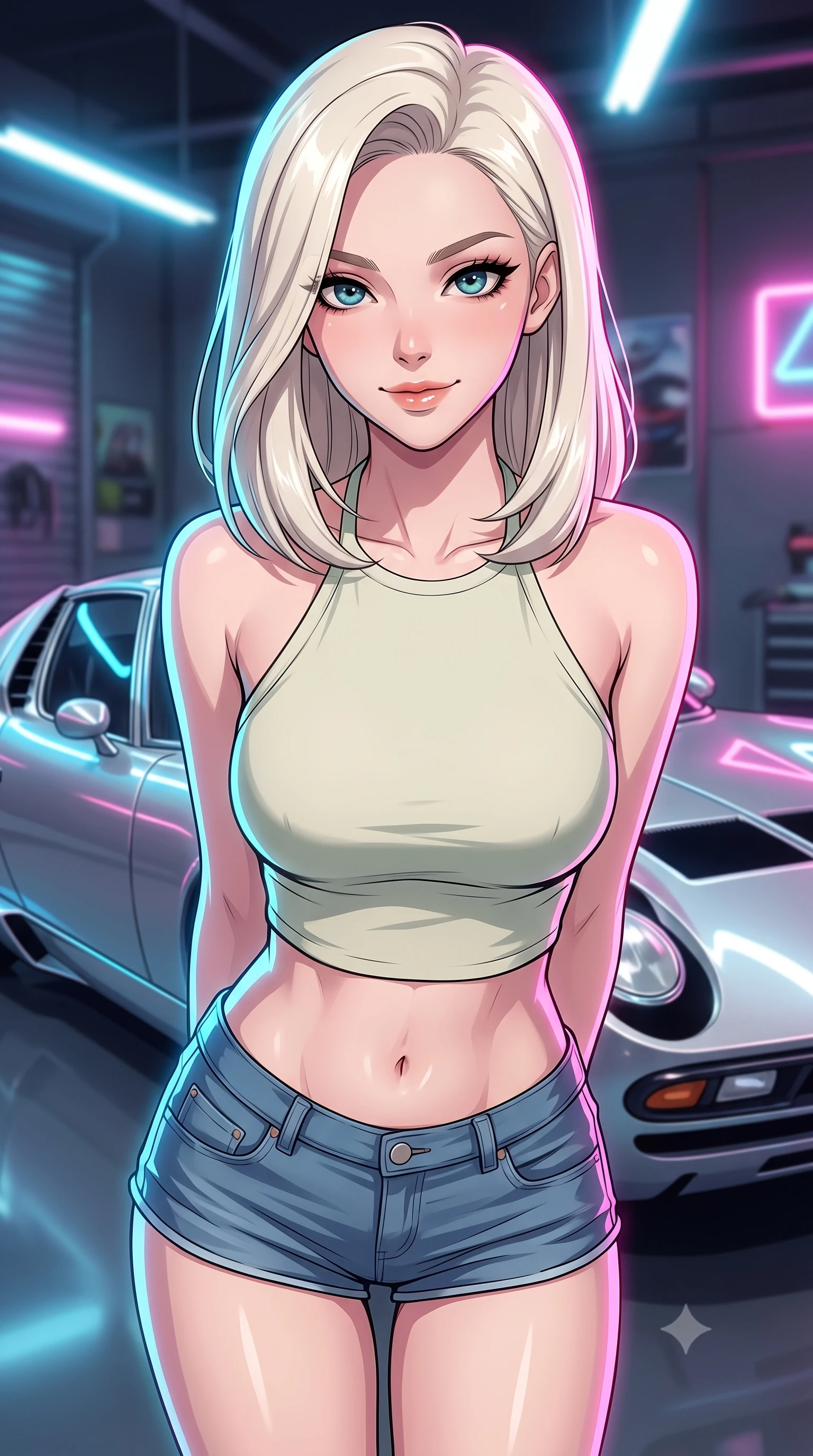 score_9, masterpiece, best quality, ultra-detailed, high-budget anime keyframe, tasteful artistic composition, Caucasian woman. close-up cowboy shot from the waist and thighs up, the character dominates the composition, filling the frame with her large presence, background elements kept in soft focus. leaning slightly forward with a playful, teasing smile, her gaze locked onto the viewer the background shows a soft-focus a private high-tech garage with a sleek silver classic supercar and neon lights. She has an exceptionally elegant, slender, and willowy female figure with an ultra-slim waist, a gracefully sculpted slender torso, and a refined silhouette. sharp v-shaped jawline, high-bridge nose, intricate jewel-like eyes with depth, thick eyelashes, glossy lips with a natural sheen. wearing a slim-fit chic knit halter crop top paired with denim micro-shorts, showing her delicately sculpted midriff. neon rim lights reflecting off the metallic paint and chrome surfaces. highly saturated vibrant anime colors, cel-shading, 2d style, master piece, 9:16 ratio