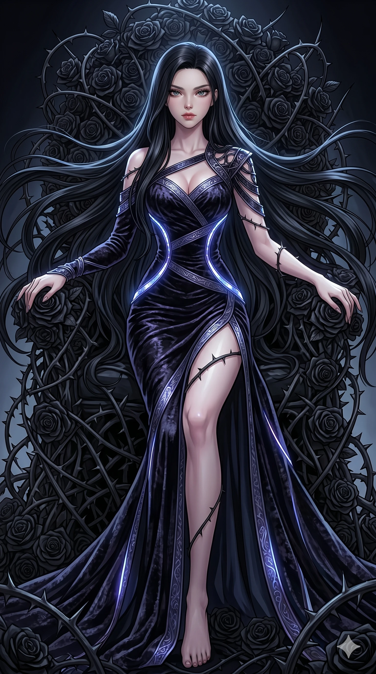 score_9, masterpiece, best quality, ultra-detailed, High-budget Anime Keyframe, East Asian woman. Dynamic full-body shot stretching the vertical silhouette to the limit. Scenario 100: Resting on a throne of black roses, thorns grazing her skin. Her presence is magnetic and overpowering in this high-budget anime scene. Outfit 100: A crushed dark velvet decorative silk bands with a tastefully designed shoulder and glowing LED seams. The clothing is designed to emphasize her exceptionally tall and slender 8-heads proportion. 8-heads proportion, towering silhouette, ultra-slim waist. sharp v-shaped jawline, intricate jewel-like eyes with depth, thick eyelashes, glossy lips. 2k, ultra detail, master piece, 9:16 ratio