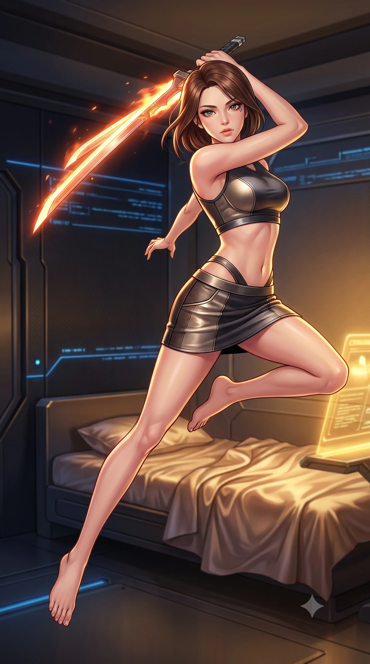 score_9, masterpiece, best quality, ultra-detailed, high-budget anime keyframe, editorial fashion photography, tasteful artistic composition, Korean woman. low angle full-body shot from head to toe showing her feet, filling the entire 9:16 vertical frame with her statuesque presence, stretching her vertical silhouette. leaping forward while slashing with a twin-bladed plasma sword in mid-air, her body-contouring suit showing her athletic silhouette, the background shows a soft-focus a private quarters aboard an interstellar singularity warship with dark carbon walls. She has an absolutely perfect, statuesque 8.5-heads proportion, an exceptionally tall and slender model-like female figure with impossibly long slender legs and an ultra-slim waist. sharp v-shaped jawline, high-bridge nose, intricate jewel-like eyes with depth, thick eyelashes, glossy lips with a natural sheen. wearing a slim-fit modern carbon-alloy crop top paired with a low-rise tactical skirt and a subtle waist cut-out. warm golden light from reading consoles casting cozy, intimate shadows on silk sheets. highly saturated vibrant anime colors, detailed shading with soft gradients, rich glossy textures, high-contrast stereoscopic depth, volumetric dynamic lighting, master piece, 9:16 ratio