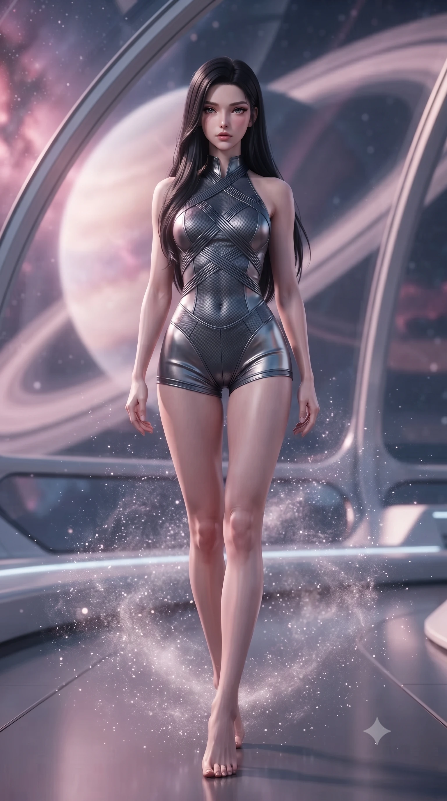 score_9, masterpiece, best quality, ultra-detailed, high-budget anime keyframe, editorial fashion photography, tasteful artistic composition, Korean woman. low angle full-body shot from head to toe showing her feet, filling the entire 9:16 vertical frame with her statuesque presence, stretching her vertical silhouette. stepping gracefully through floating stardust particles, her body-contouring suit showing her athletic, slender silhouette, the background shows a soft-focus a yacht observation deck with glass panels showing a planetary ring. She has an absolutely perfect, statuesque 8.5-heads proportion, an exceptionally tall and slender model-like female figure with impossibly long slender legs and an ultra-slim waist. sharp v-shaped jawline, high-bridge nose, intricate jewel-like eyes with depth, thick eyelashes, glossy lips with a natural sheen. wearing a body-hugging backless halter-neck combat top with criss-cross strapping, paired with carbon-alloy micro-shorts. glass panels catching the pink and purple hues of nebula starlight. ultra-reflective glossy finish, specular highlights, metallic sheen, high-contrast stereoscopic depth, volumetric dynamic lighting, 2k, ultra detail, master piece, 9:16 ratio